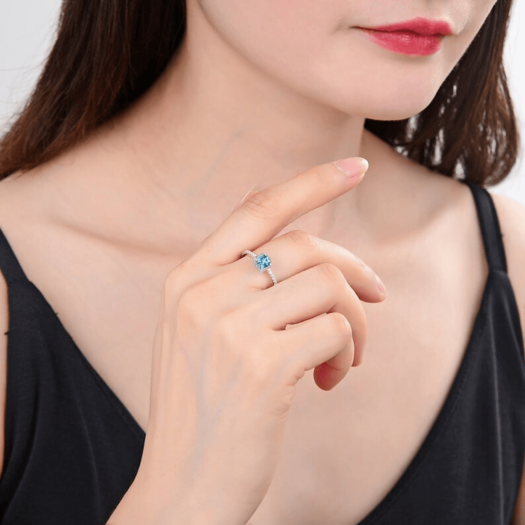 Natural Blue Topaz Cushion Halo Ring - 925 Sterling Silver Engagement Ring for Women, Vintage Inspired Wedding Band, Perfect for Anniversary, Proposal & Everyday Elegance