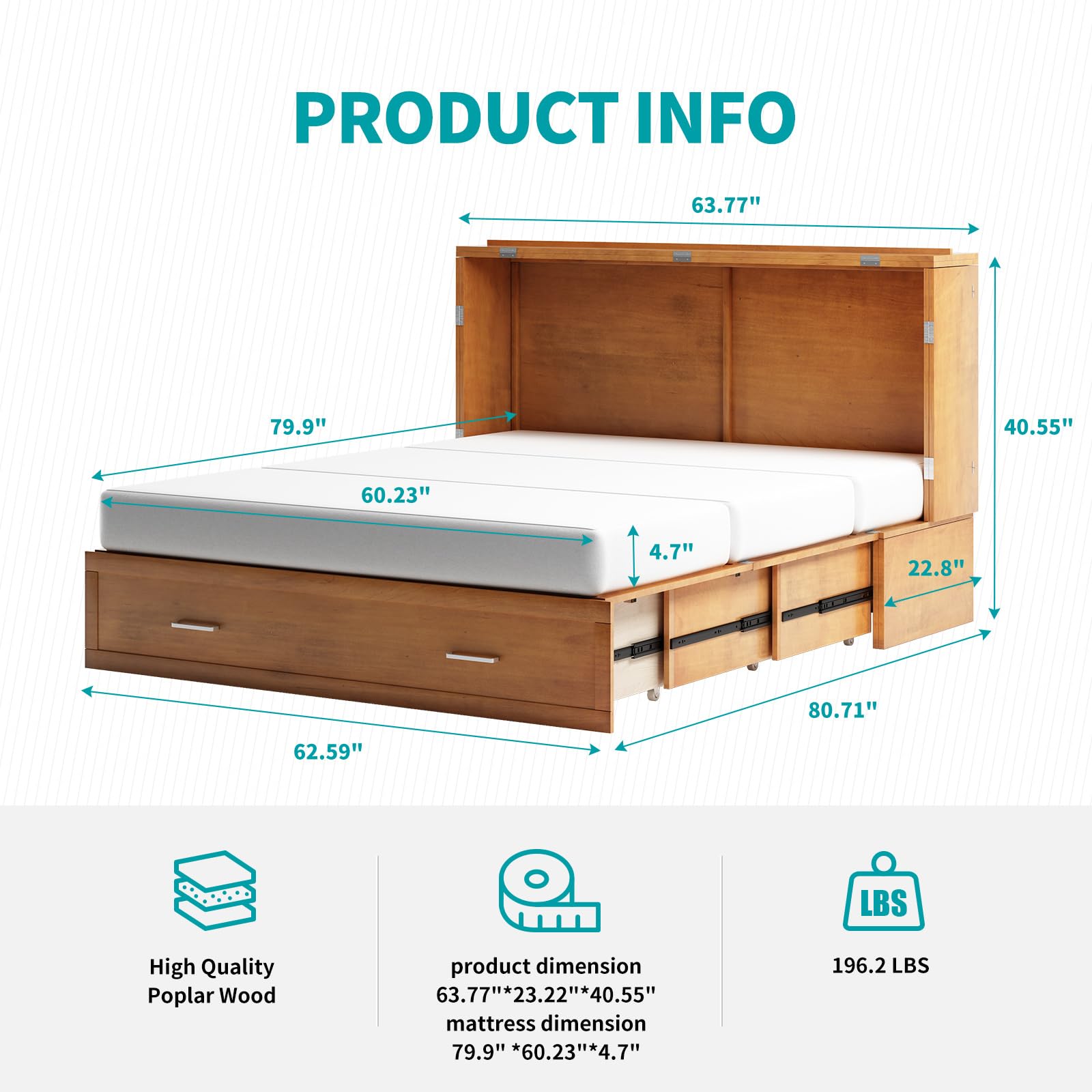 BALUS Queen Size Murphy Bed Cabinet with Memory Foam Mattress - Wall Bed with USB Charging Port, Large Storage Drawer & Easy Assembly - Space Saving Guest Bed for Small Apartments, Home Office & Studio (Cherry Finish)