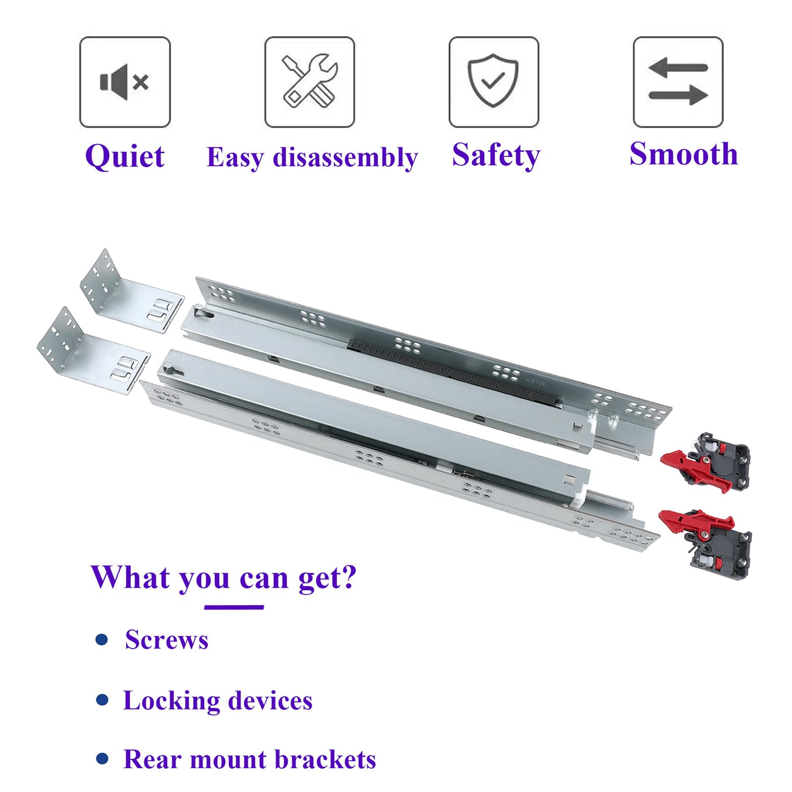 21 Inch Undermount Soft Close Drawer Slides - 6 Pairs Full Extension Drawer Rails with Locking Device & Rear Mounting Brackets | Perfect for Kitchen Cabinets, Dressers, and Office Furniture