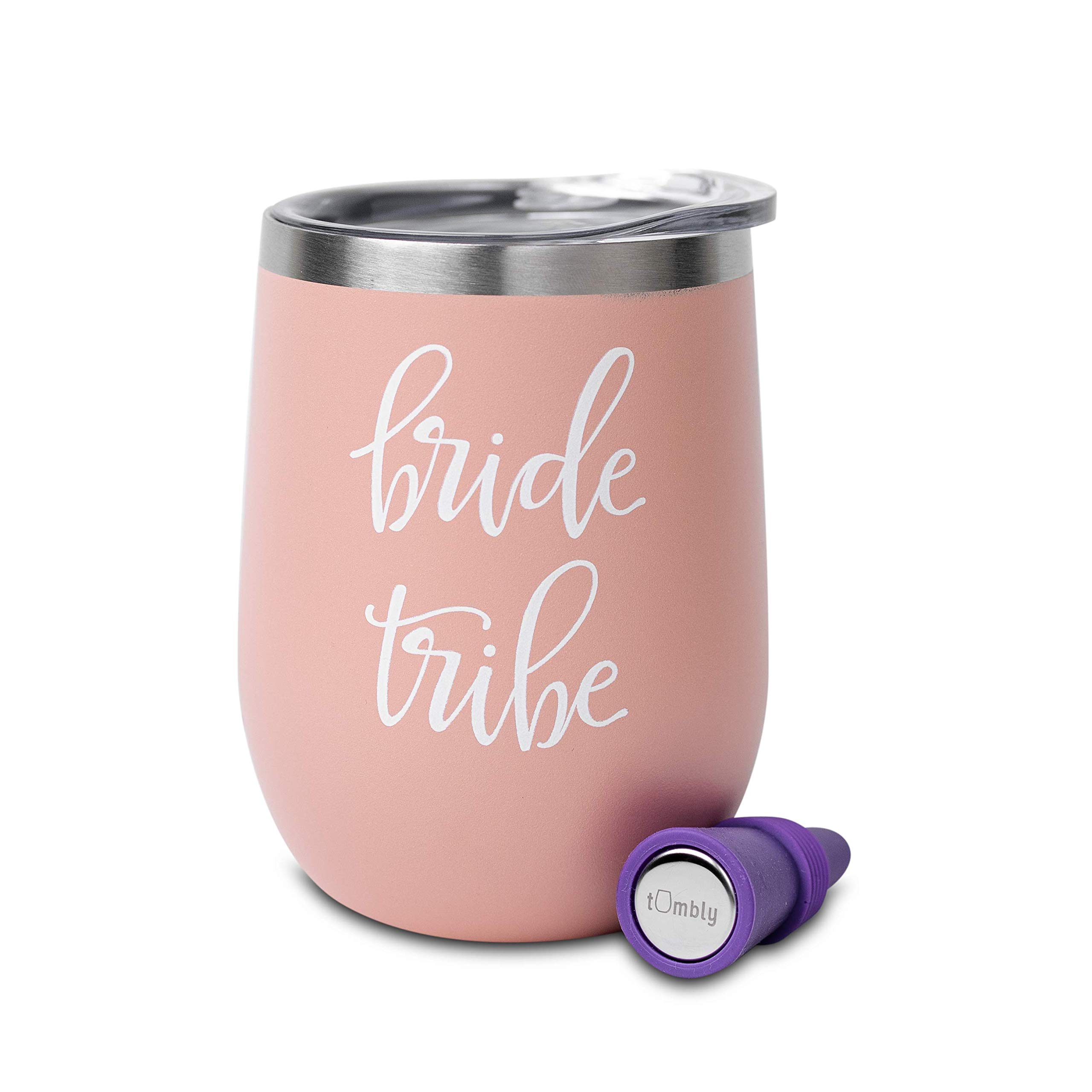 Bride Tribe Tumbler 12 oz - Insulated Stainless Steel Cup with Lid & Straw - Perfect Bridesmaid Gift for Wedding, Bachelorette Party & Bridal Shower - Includes Bonus Wine Stopper - Great for Coffee, Cocktails & Outdoor Celebrations