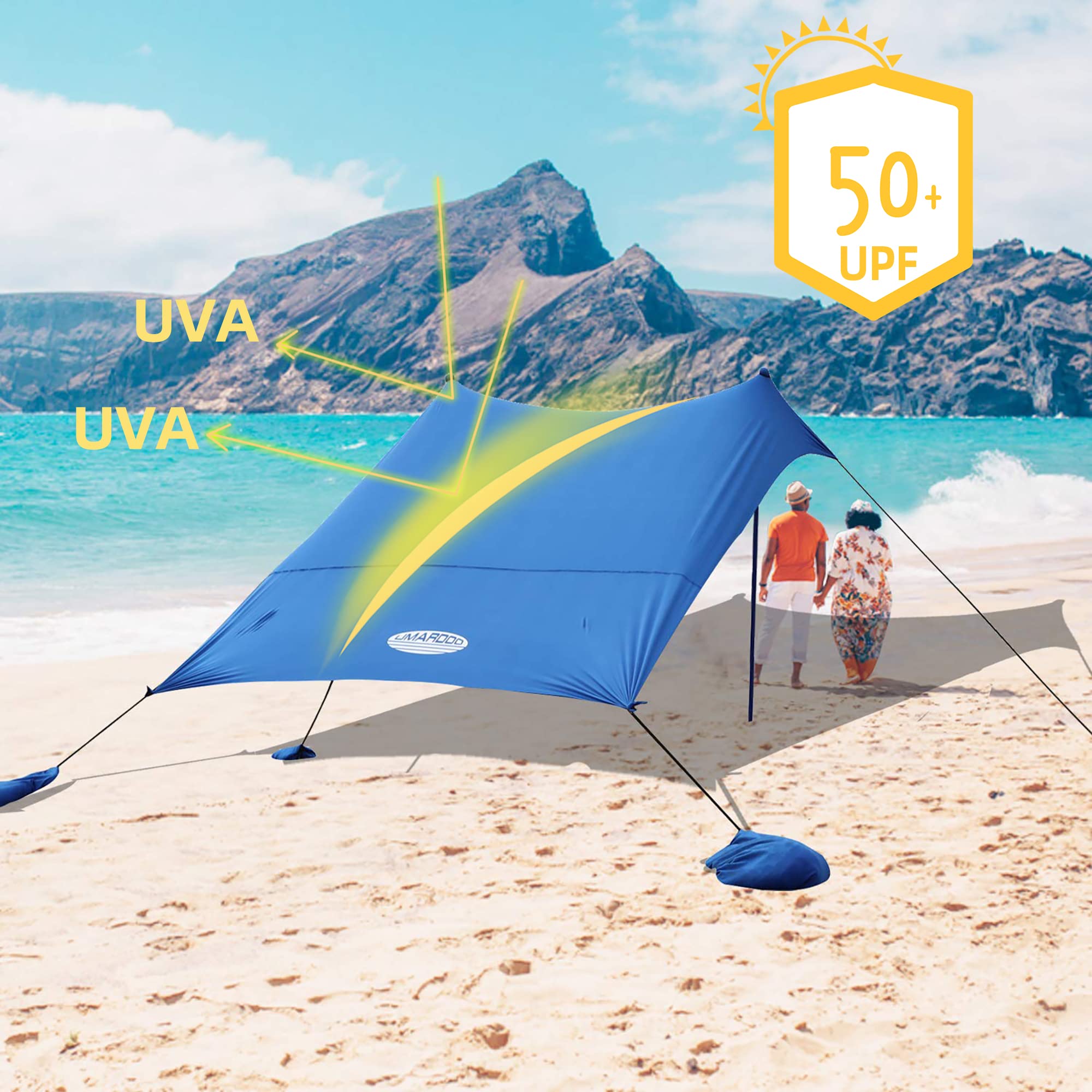 UMARDOO 10x10FT Portable Beach Tent with UPF 50+ Sun Protection - Easy Setup Wind-Resistant Sun Shelter with Carry Bag - Perfect for Family Beach Trips, Camping, Picnics & Outdoor Travel (Blue)