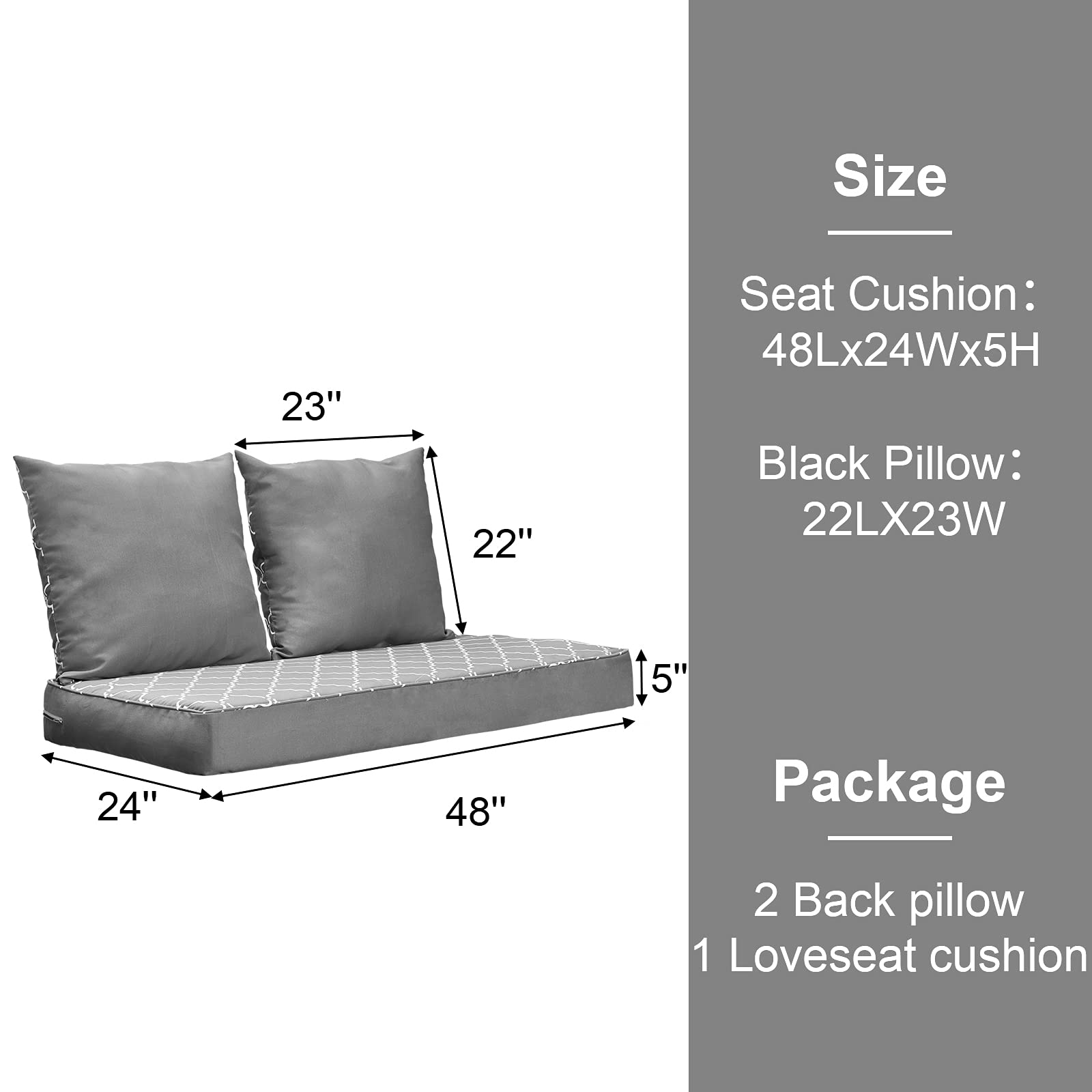 24×48 Inch Indoor Outdoor Loveseat Cushion Set - 3-Piece Gray Patio Furniture Replacement Cushions with Removable Cover for Deep Seating Bench | Perfect for Backyard, Deck, Poolside & Sunroom Relaxation