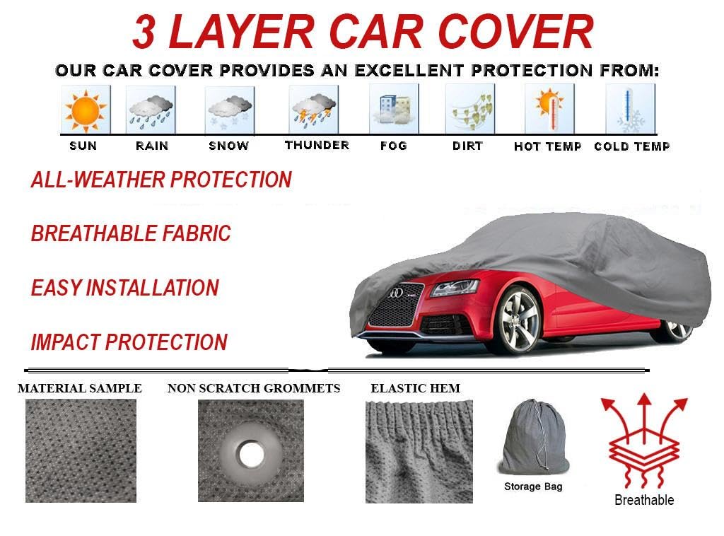 All Weather 3 Layer Car Cover for Dodge Charger 2005-2010 - Waterproof Windproof Snowproof Vehicle Protection with Breathable Fabric - Perfect for Outdoor Parking, Garage Storage & Long-Term Car Preservation
