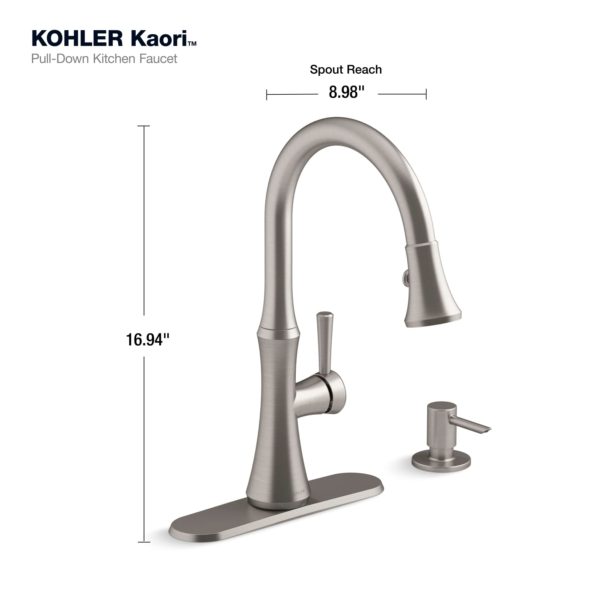 Kohler R28706-SD-VS Kaori Single Handle Pull Down Sprayer Kitchen Faucet with Soap Dispenser in Vibrant Stainless - Perfect for Modern Kitchens & Easy Dishwashing