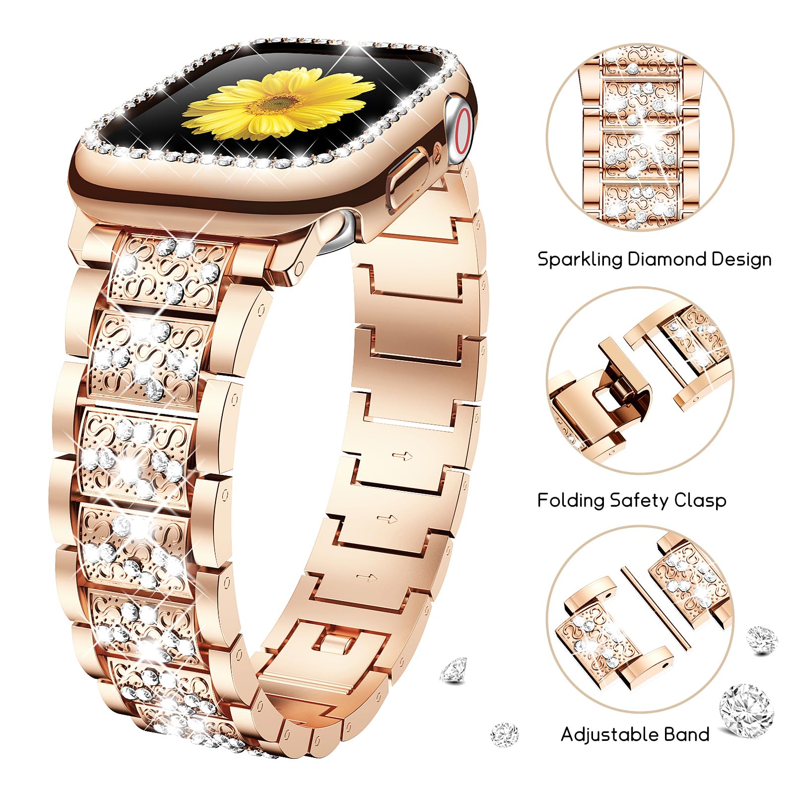 Premium Apple Watch Band with Screen Protector Case - Compatible with iWatch Series 10/9/8/7/6/5/4/3/2/1/SE (38mm/40mm/41mm/42mm/44mm/45mm/46mm) - 2 Pack Jewelry Replacement Bands for Women - Perfect for Workouts, Office Wear & Everyday Fashion Accessory