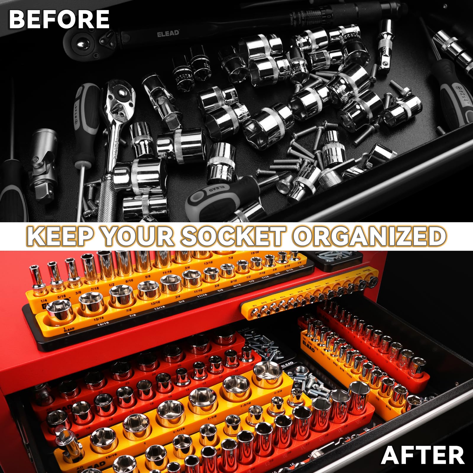 Magnetic Socket Organizer Set - Heavy Duty 1/2, 1/4, 3/8 Inch Drive Tool Holder | Tool Box Storage Tray for Wrench, Screwdriver & Mechanic Tools | Portable Toolbox Accessory for Garage, Workshop & Auto Repair
