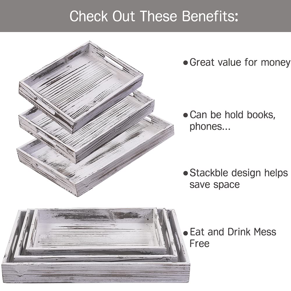 **Rustic Wooden Serving Trays Set of 3 - Handled Ottoman Trays for Food, Drinks & Coffee - Farmhouse Decorative Platter for Dining, Living Room & Kitchen Decor**