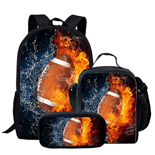 3-Piece Fire Water Football Design Backpack Set for Teen Boys - School Backpack, Lunch Bag & Pen Holder - Perfect for School, Sports & Travel