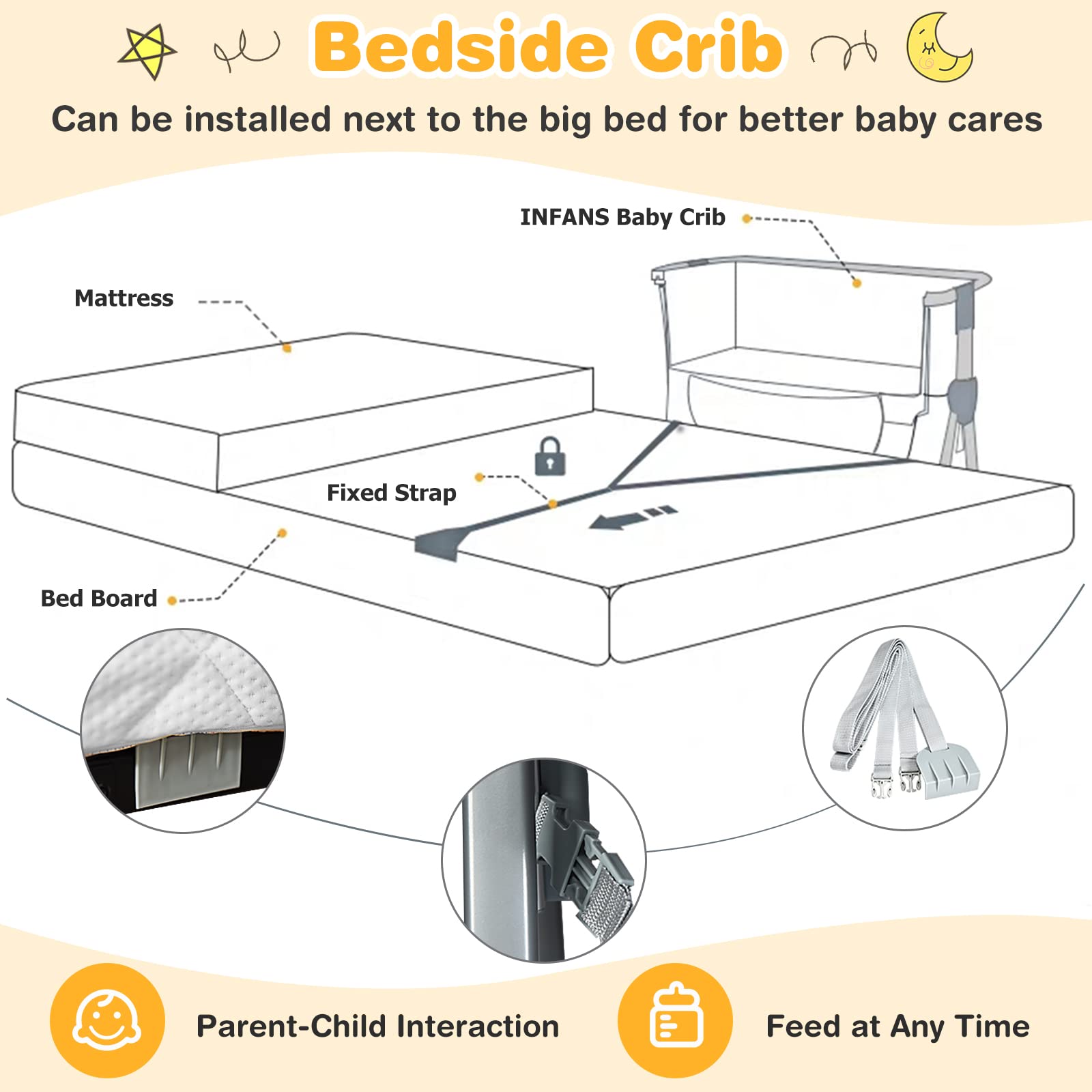 INFANS Baby Bassinet Bedside Crib - Adjustable Newborn Sleeper with Large Storage Basket, Breathable Mesh & Washable Mattress - Portable Bedside Crib for Nursery, Bedroom & Travel (Dark Grey)