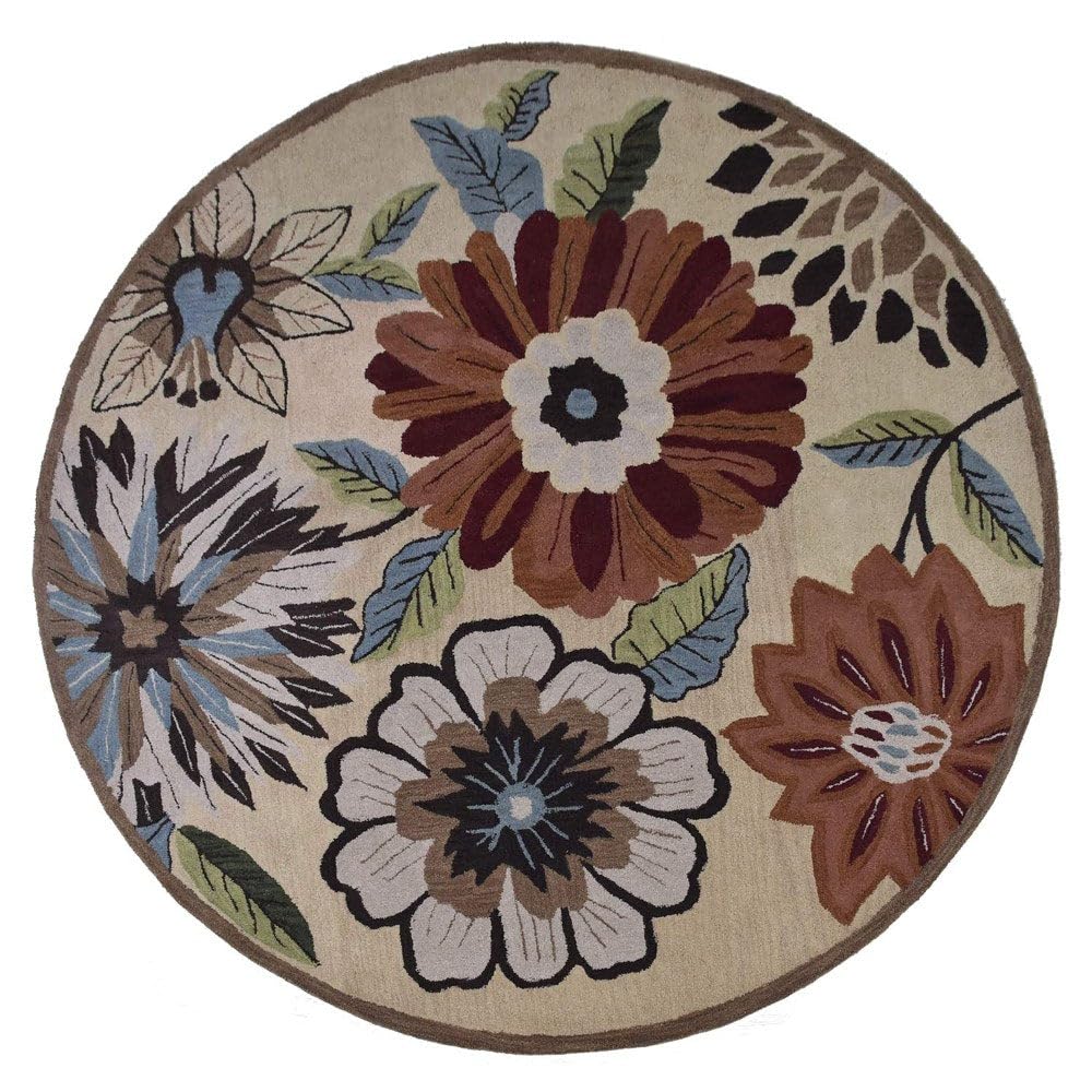 Hand Tufted Wool Eco-Friendly Round Area Rug 8'x8' - Cream Floral Modern Design, High Pile Thick Non-Slip Handmade Rug for Living Room, Bedroom, Nursery & Home Decor (K03066)