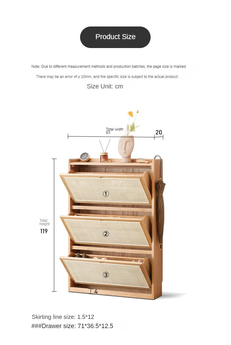 Oak Solid Wood Ultra Thin Flap Door Rattan Shoe Cabinet - Space Saving Entryway Storage Organizer for Hallway, Closet & Mudroom