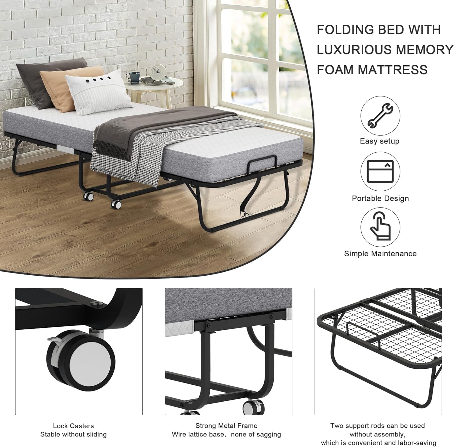 Foldable Twin Size Guest Bed with Memory Foam Mattress - 75