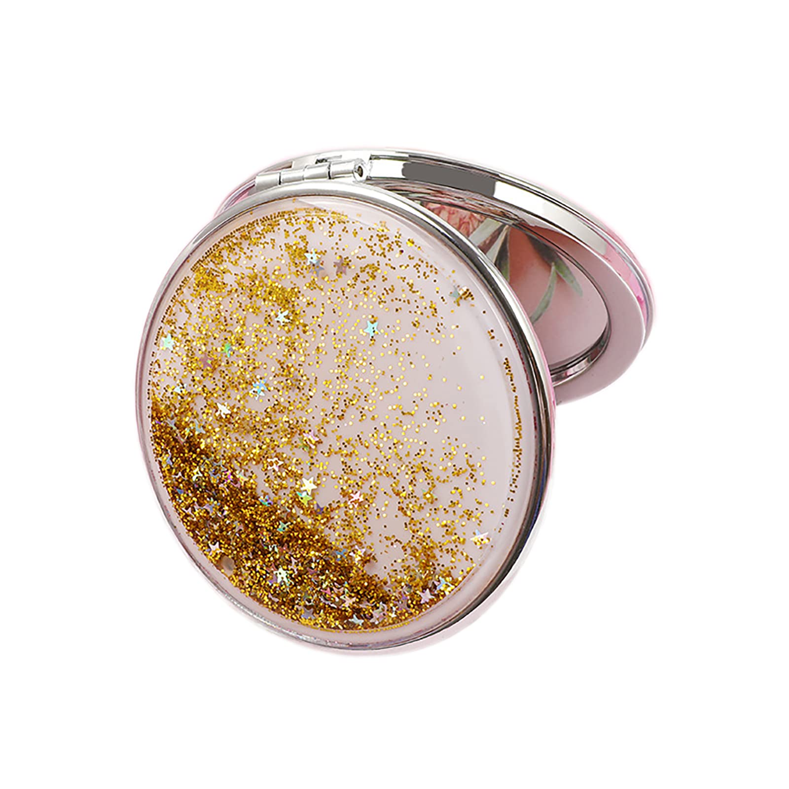 HSYHERE Creative Quicksand Makeup Mirror - Double-Sided Portable Compact Mirror with Glitter, Foldable Fashion Hand Mirror for Travel & Pocket (Round, Gold) | Perfect for Home Vanity, Travel Makeup Kit & Gift