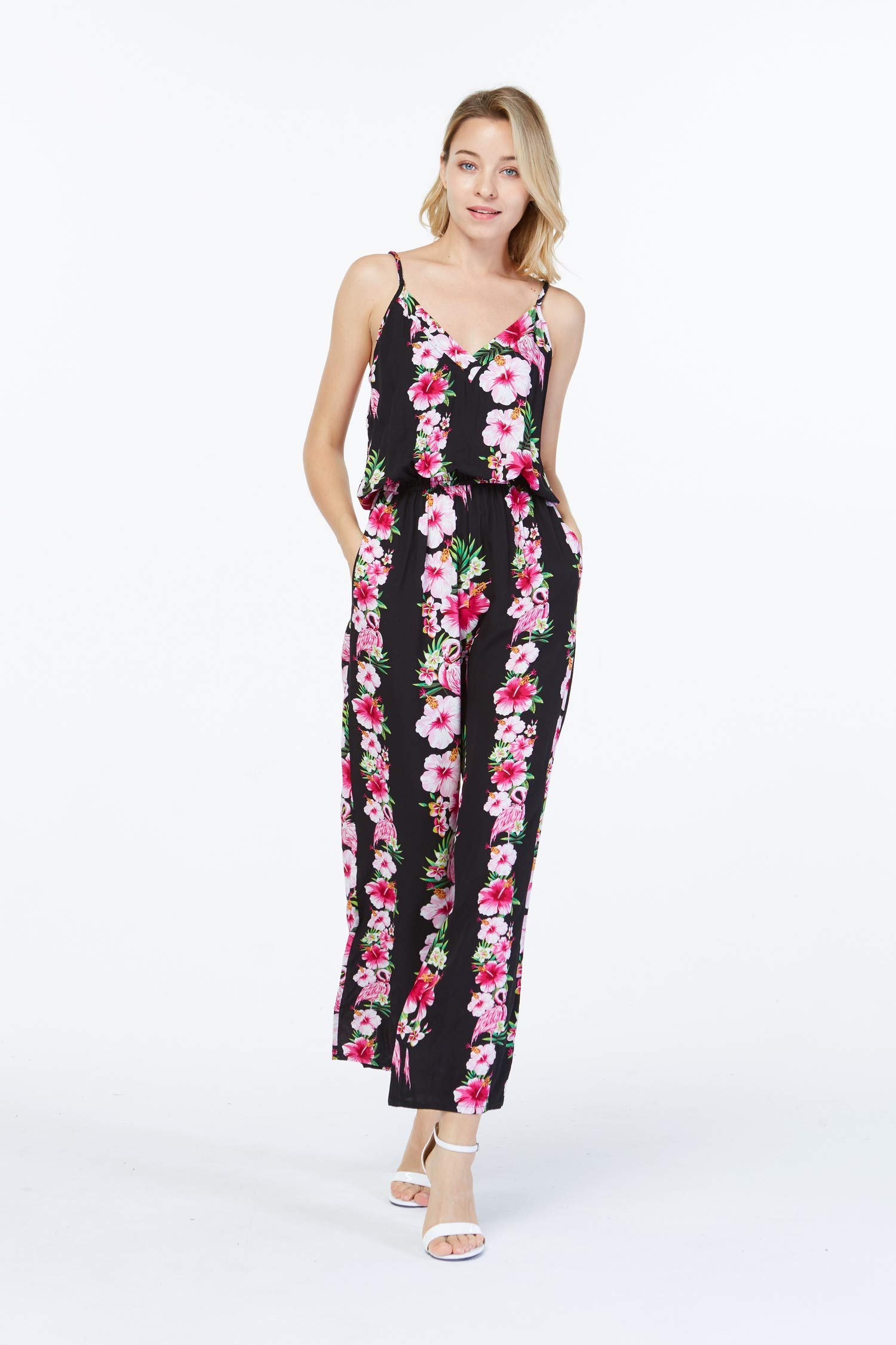Women's Floral Print V-Neck Jumpsuit with Pockets - Pink Hibiscus Vine Design for Beach Vacation, Summer Party & Tropical Getaway