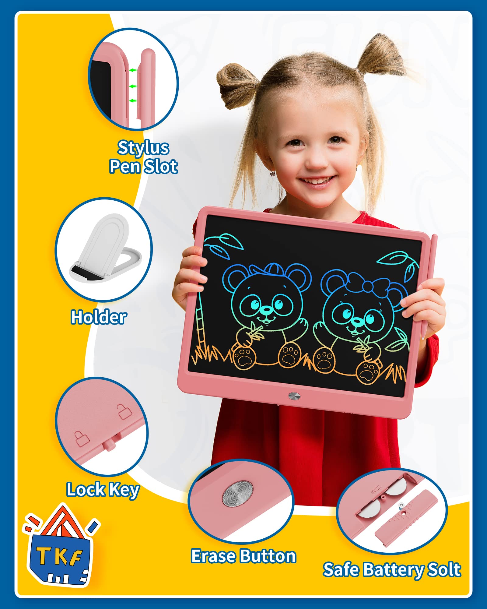 TEKFUN 15inch LCD Writing Tablet for Kids - Doodle Board Drawing Pad for Girls & Boys Ages 4-10 | Birthday, Christmas, Easter Gifts | Homeschool, Travel, Classroom Learning Activities (Pink)