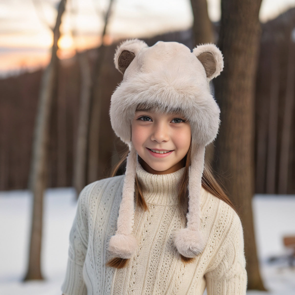 Cozy Faux Fur Bear Hat with Adorable Pom Pom Ties - Winter Warm Animal Ears Headwear for Women & Kids - Perfect for Christmas Gifts, Outdoor Activities, and Instagram Fashion Photos