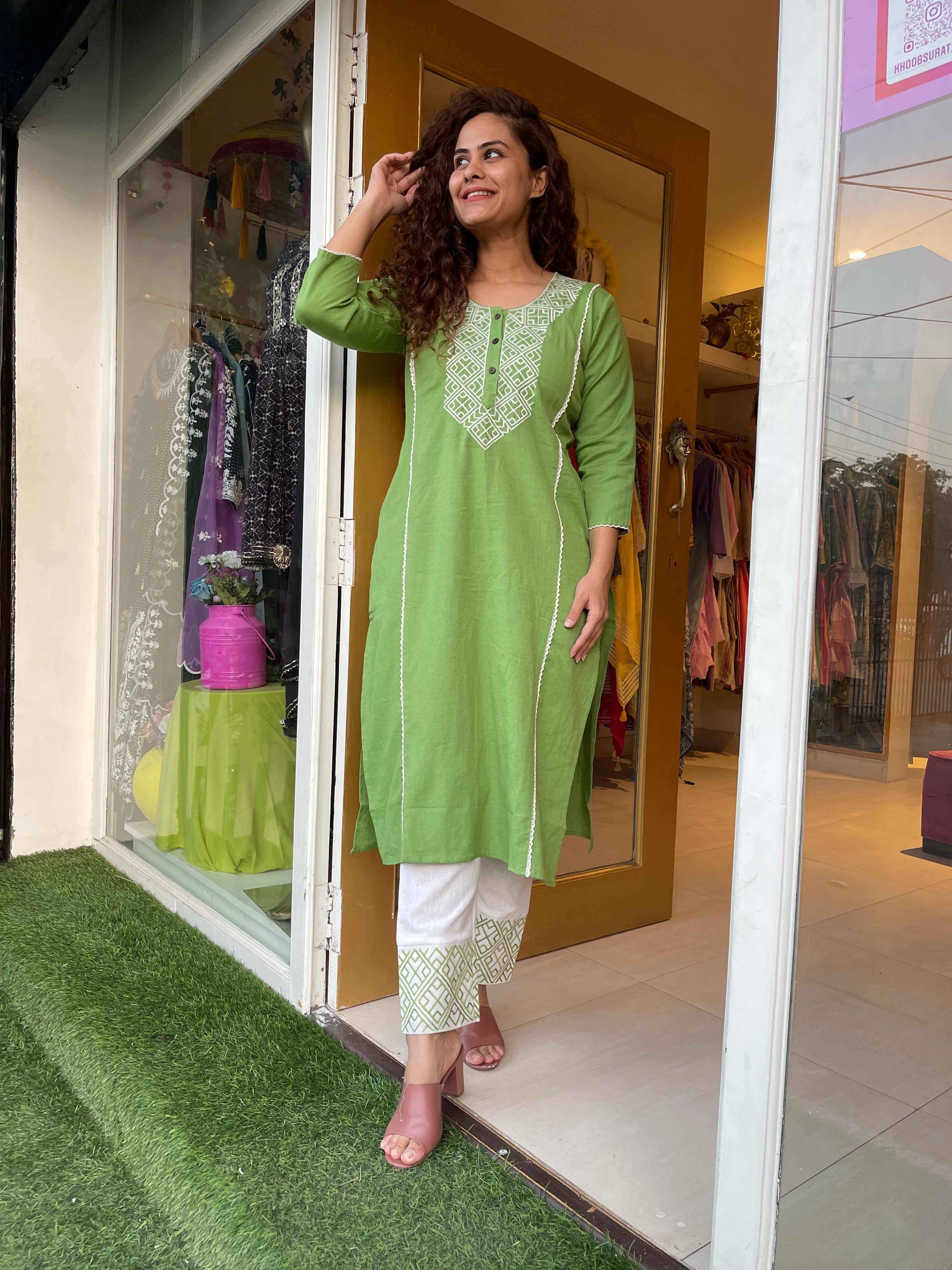 Stylish Green Embroidered Kurta Set with Cross Design - Perfect for Festivals, Weddings & Ethnic Fashion
