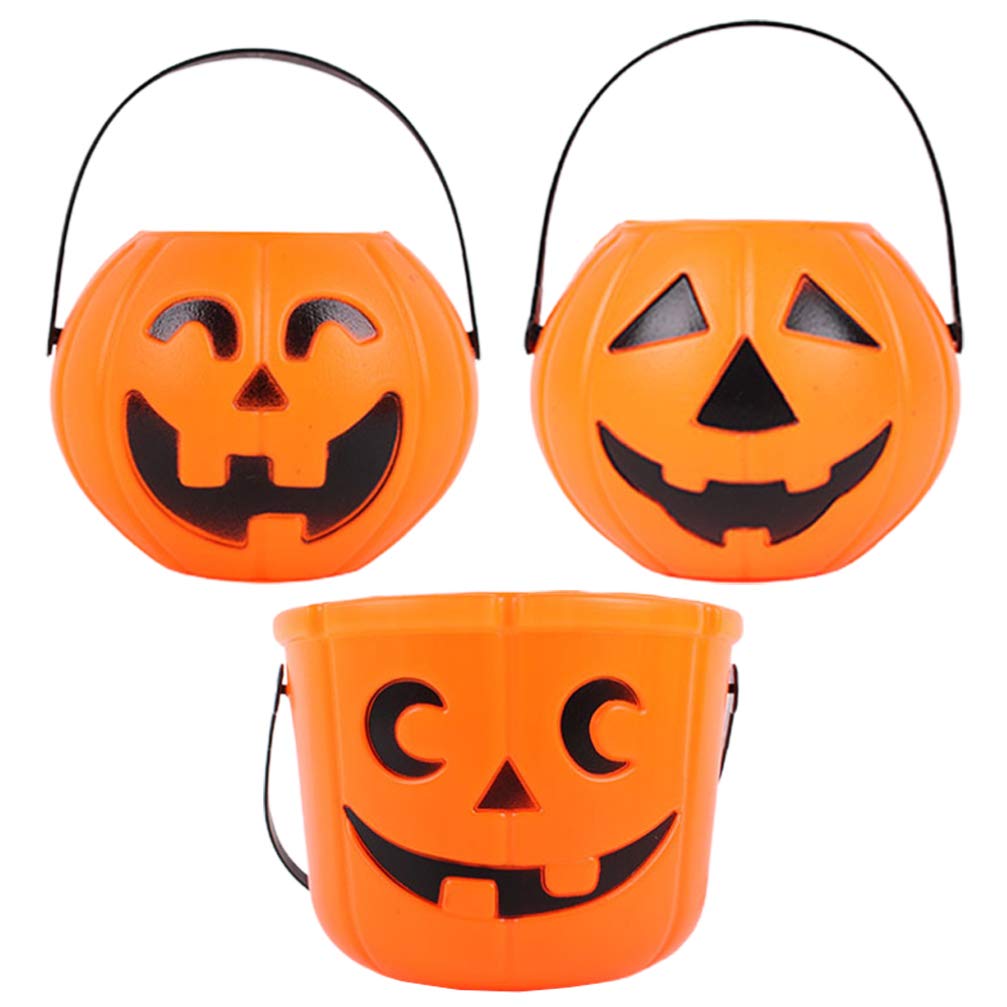 STOBOK 3-Pack Orange Halloween Pumpkin Candy Buckets - Trick or Treat Pails for Kids, Halloween Party Favors & Candy Collection - Perfect for Trick-or-Treating, Halloween Decorations, and Fall Harvest Celebrations
