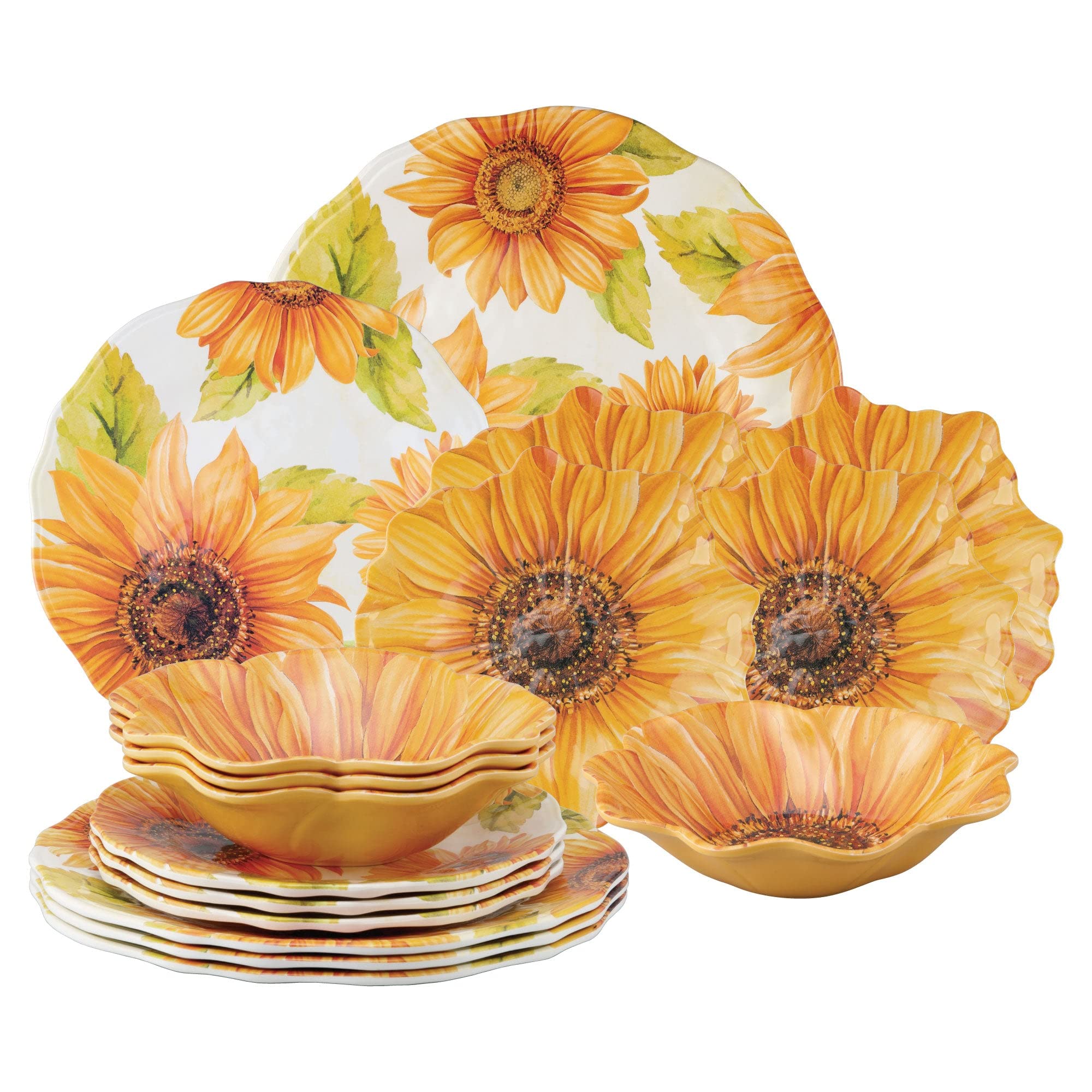 UPware 16-Piece Melamine Dinnerware Set - 4 Dinner Plates, 4 Salad Plates, 4 Dessert Plates & 4 Bowls - Durable & Lightweight Dishware for 4 - Sunflower Pattern - Perfect for Outdoor Dining, Picnics, Camping & Everyday Use