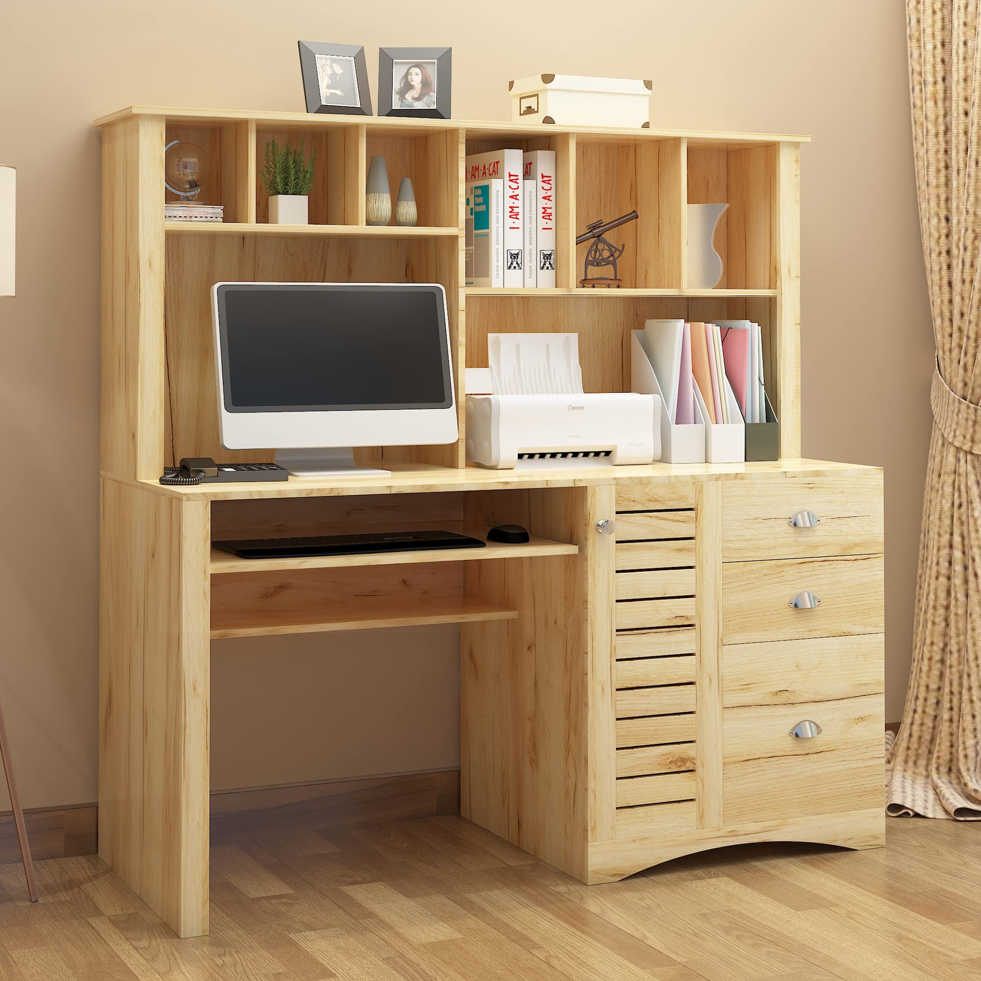 JOYSOURCE 59 Inch Large Computer Desk with 2-Tier Bookshelf & Keyboard Tray - Home Office Desk, Study Workstation, Writing Table for Home & Office - Rustic Oak PC Desk (Perfect for Small Spaces, Gaming Setup & Remote Work)