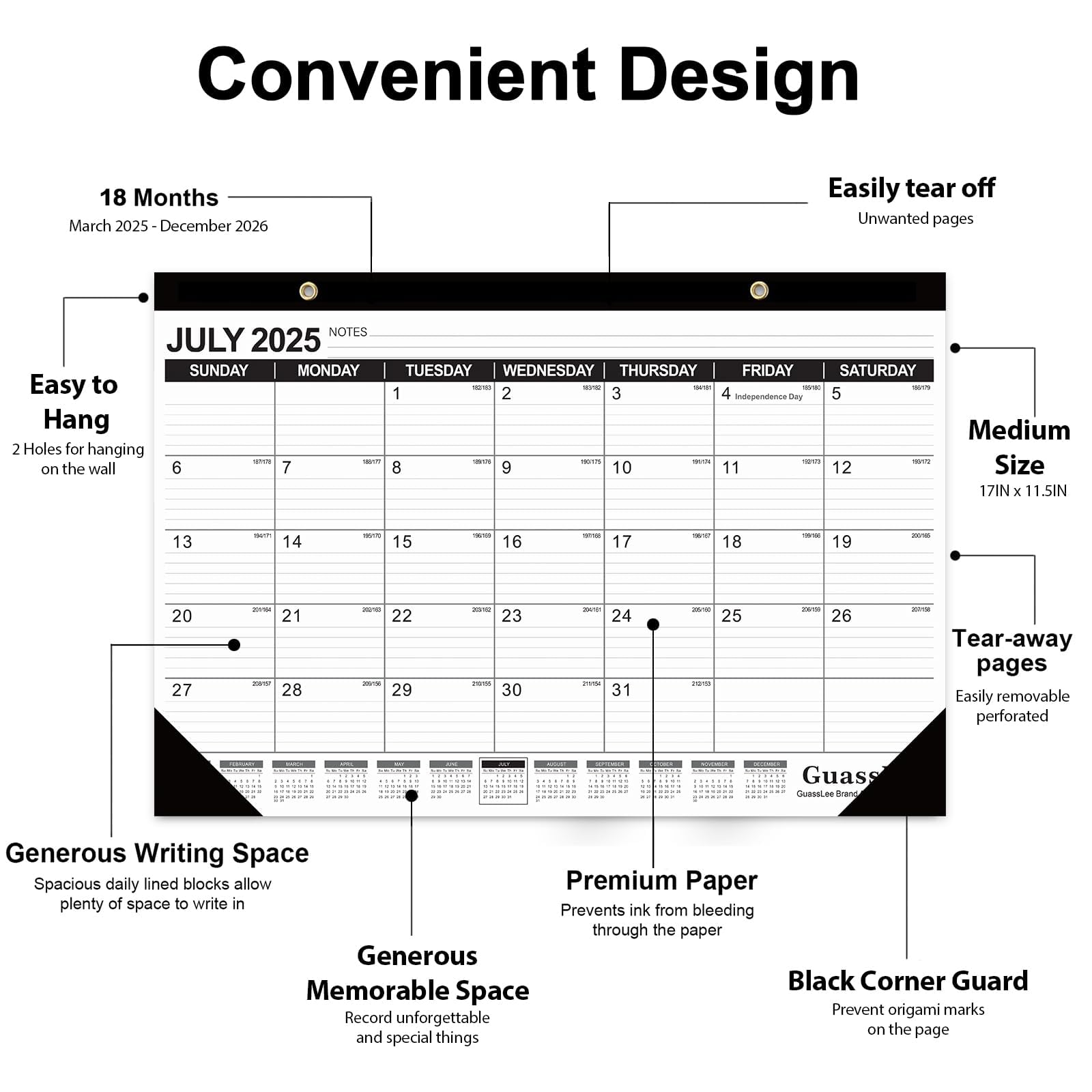 GuassLee 2025-2026 18-Month Academic Desk Calendar Planner (March 2025 - August 2026) - 11.5x17 Inch Large Monthly Calendar with Julian Dates & Ruled Blocks - Perfect for School, Office & Home Organization, Planning & Scheduling