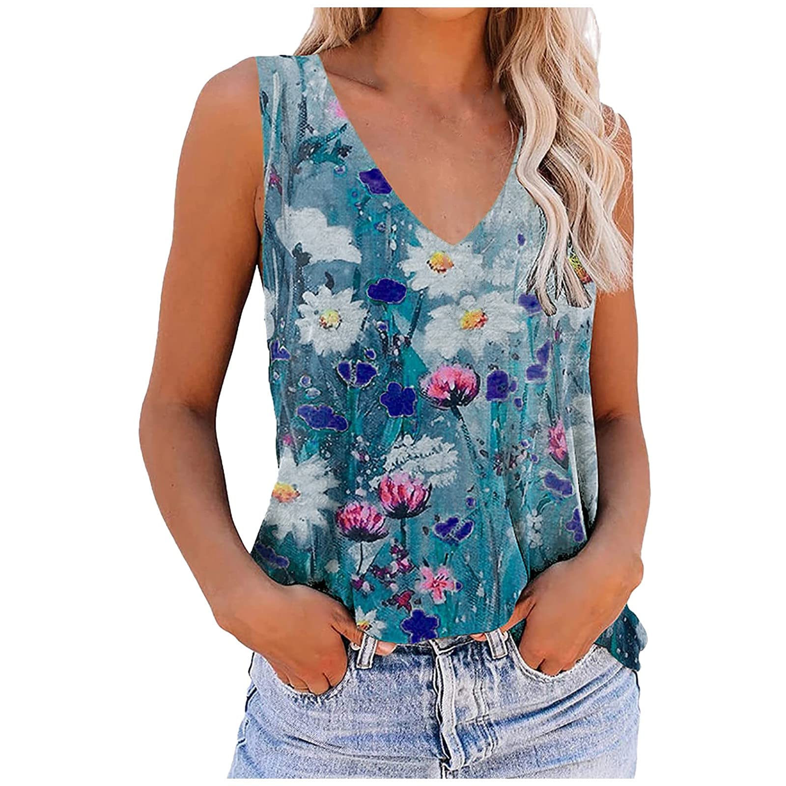 Women's Floral Printed Loose Fit Tank Tops - Summer Casual Tunic Tee Shirts & Comfortable Blouses for Outdoor Activities, Beach Wear and Daily Fashion