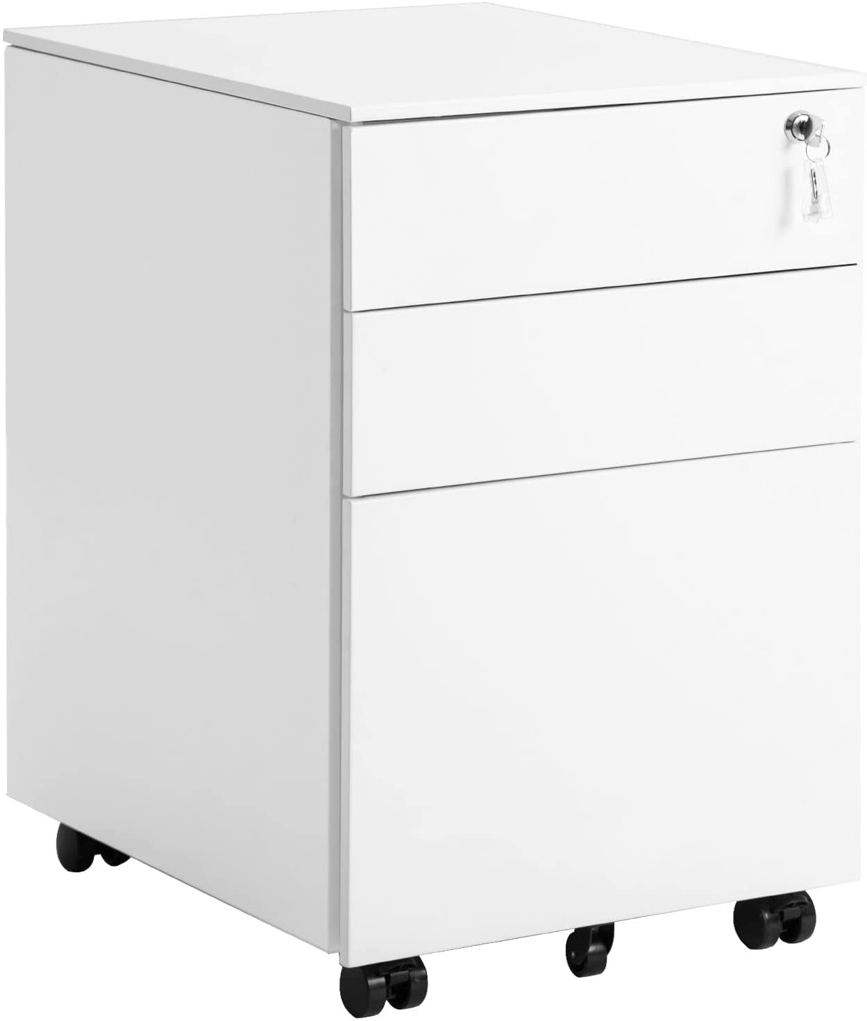 3-Drawer Metal File Cabinet with Lock & Wheels - Large Under Desk Storage for Office & Home - Fully Assembled White Filing Cabinet - Perfect for Organizing Documents, Files & Office Supplies
