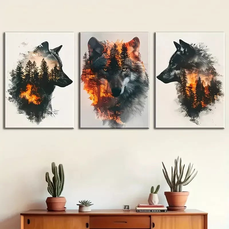 3-Piece Wolf Animal Abstract Forest Painting Wall Art Set - Framed Canvas 40x60cm - High Quality Print - 100% Australian Made - Ready to Hang - Perfect for Living Room, Bedroom & Office Decor