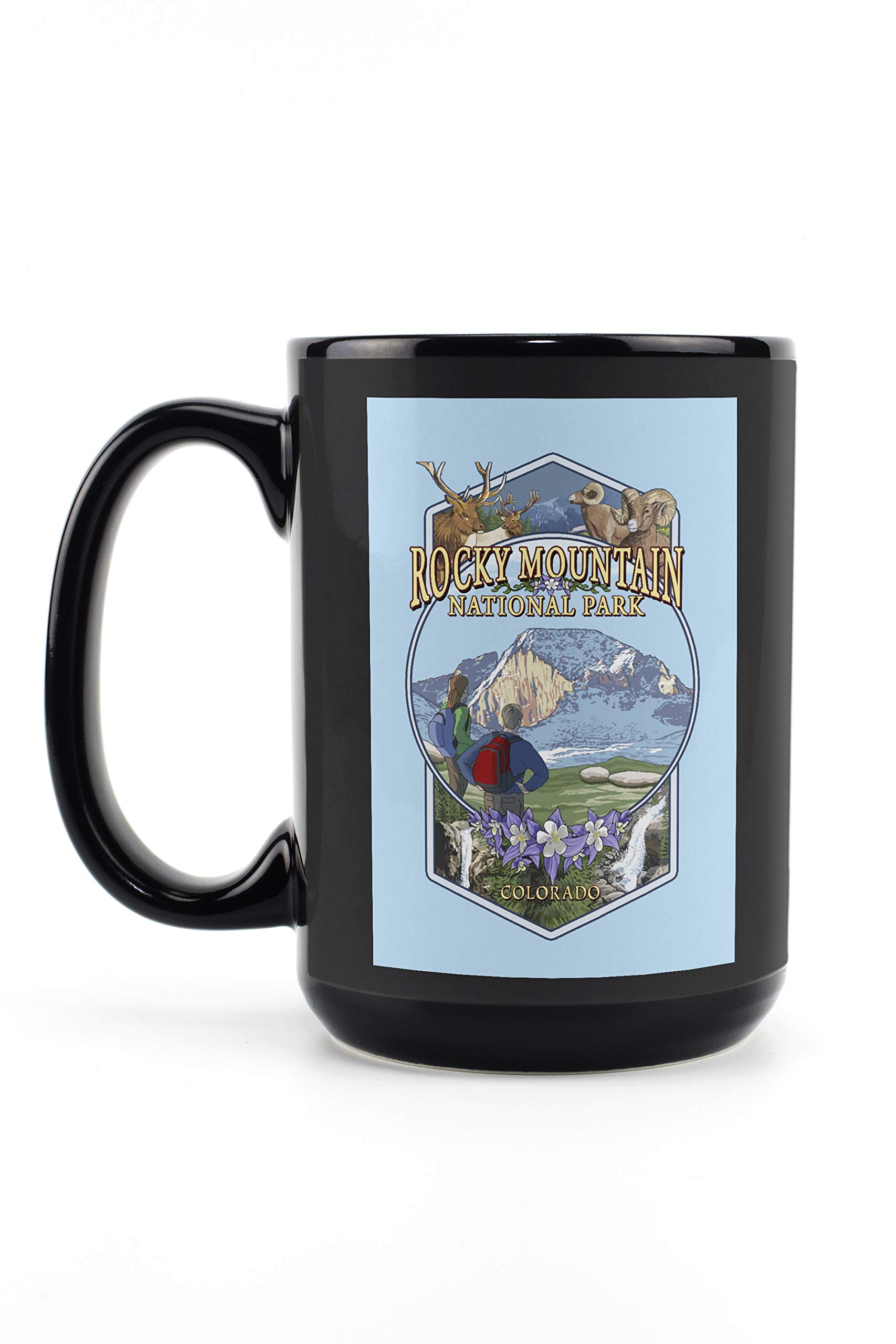 Lantern Press Rocky Mountain National Park Montage Contour 15oz Black Ceramic Coffee Mug - Microwave & Dishwasher Safe - Perfect for Camping, Office & Home Use