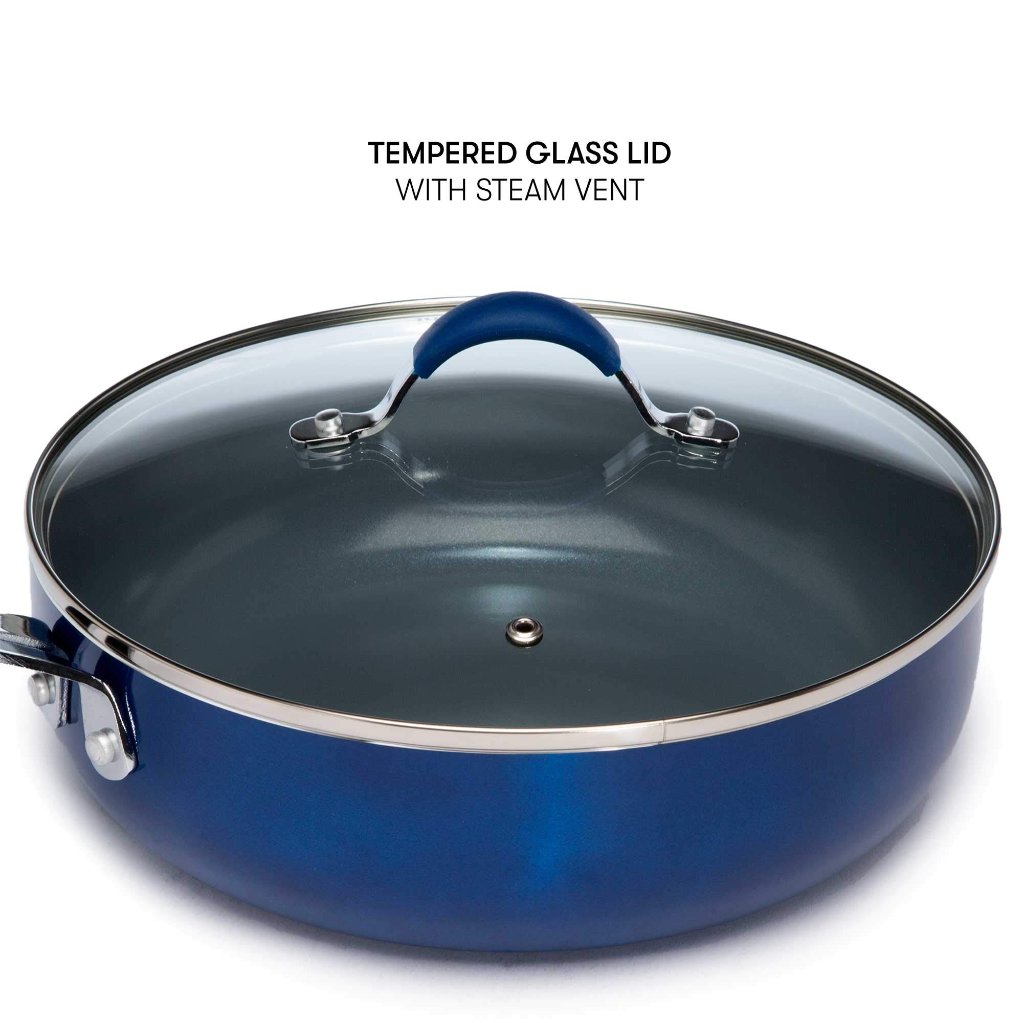 Nonstick Ceramic Deep Cooker - 4-Quart Jumbo Cooker with Scratch-Resistant Coating, Dishwasher Safe & Cool Touch Handle - Perfect for Sauteing, Stewing & Slow Cooking - Even Heating Base for Perfect Meals Every Time - Blue