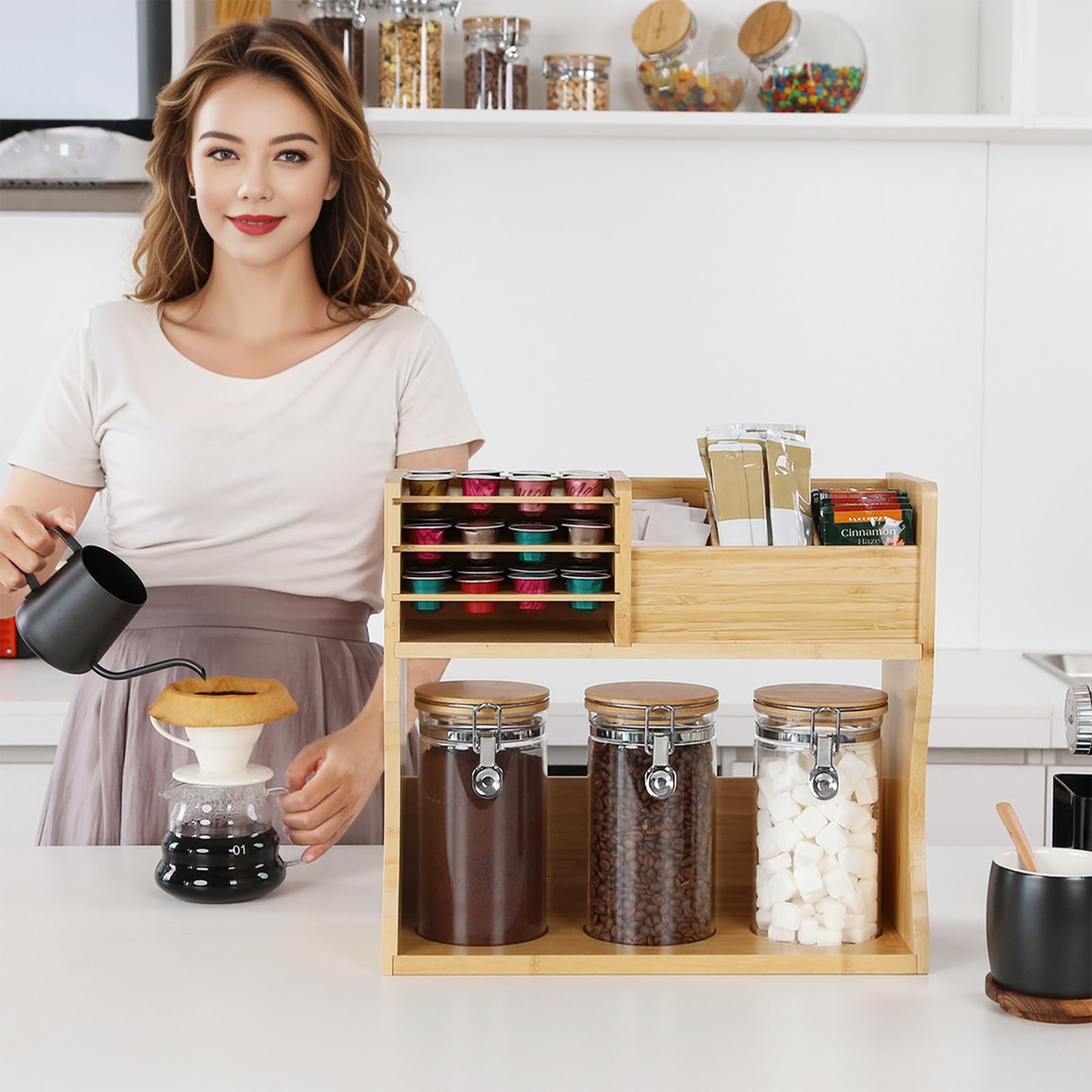 KKC HOME ACCENTS Coffee & Tea Station Organizer with 3 Airtight Glass Containers - Countertop Storage for Coffee Beans, Tea Bags, Coffee Pods & Grinder - Perfect for Kitchen, Office & Coffee Bar Organization