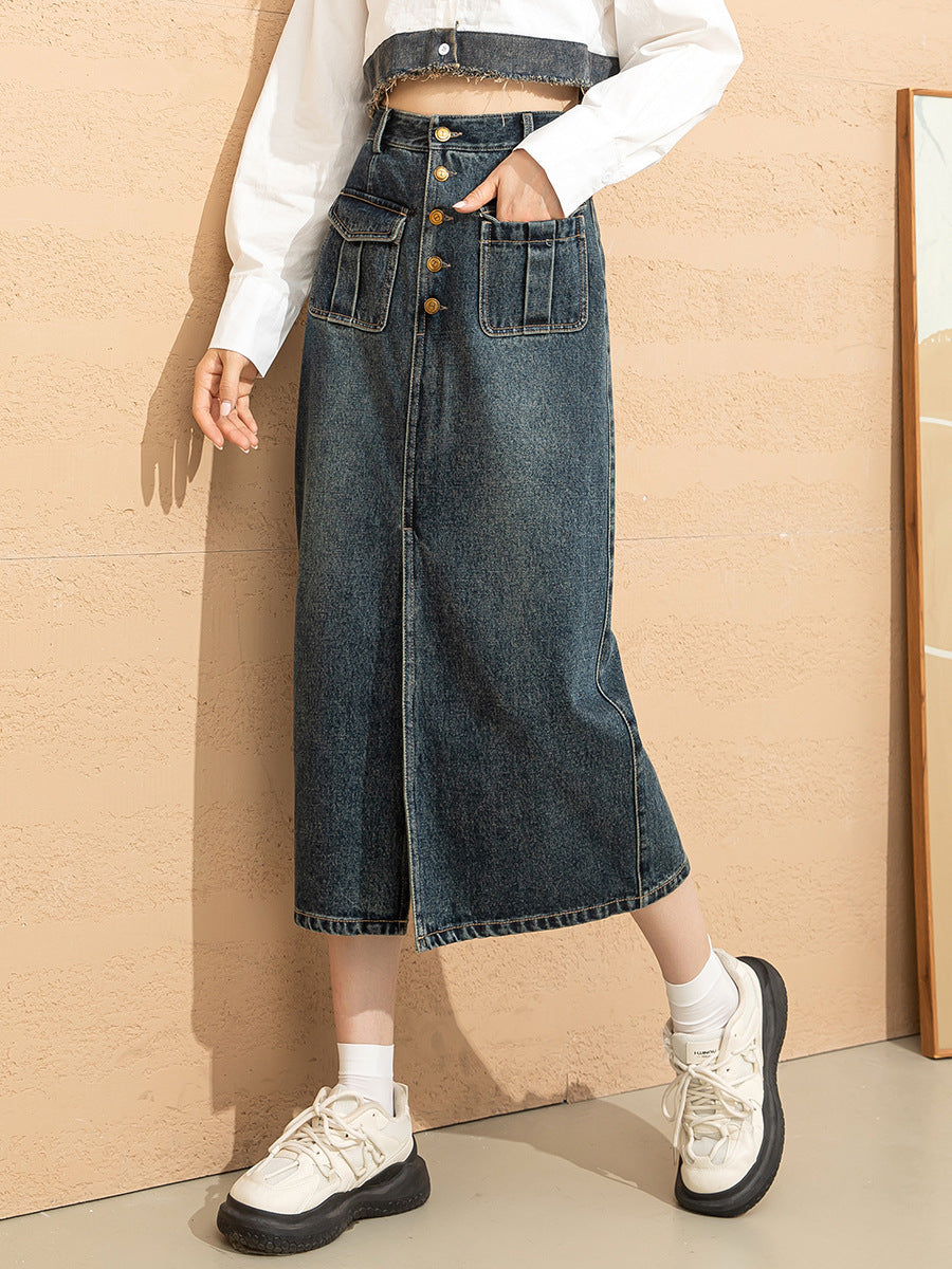 High Waist Denim Skirt for Women - Stretchy Work Skirt with Pockets - Perfect for Office, Casual Wear & Date Nights