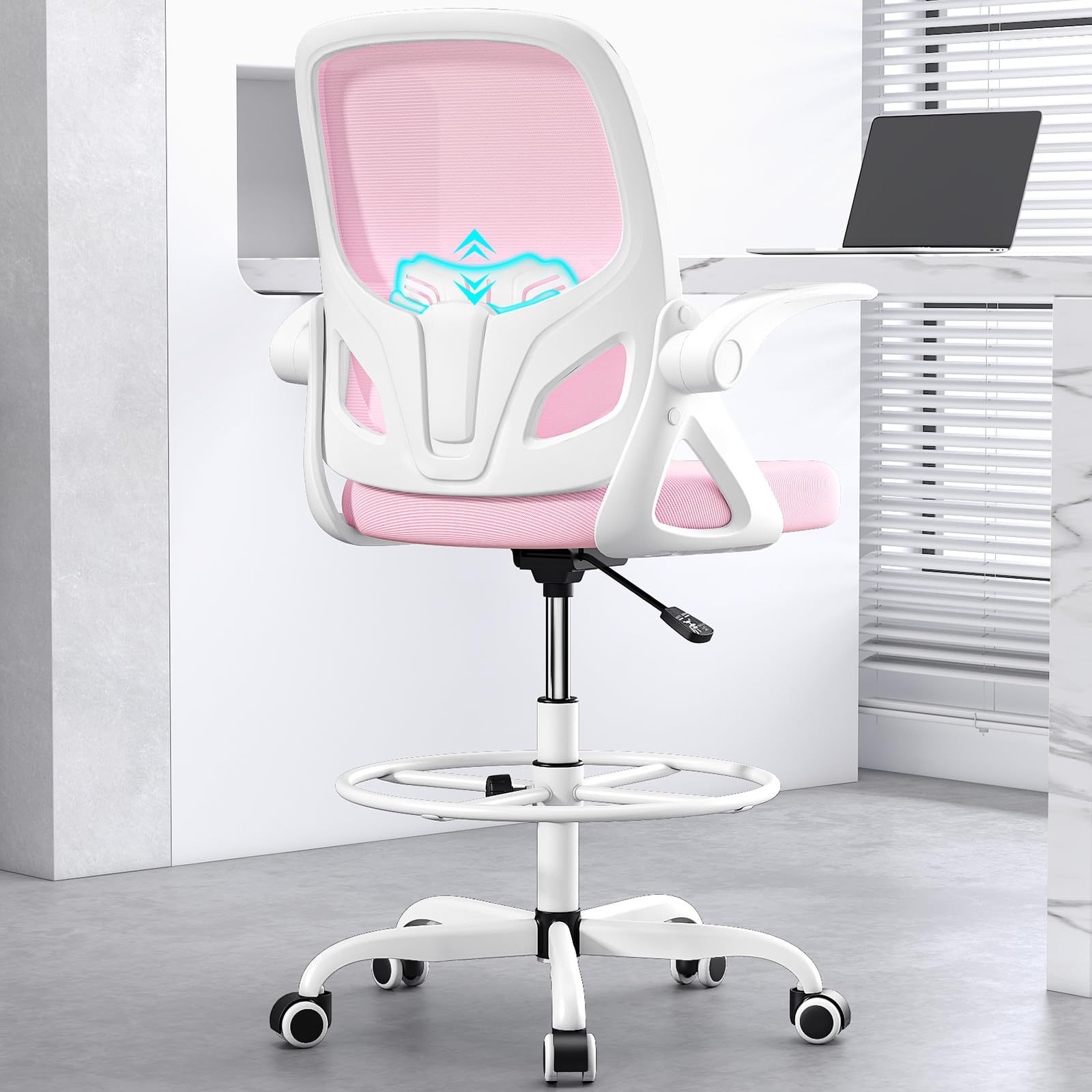 Ergonomic Tall Drafting Chair with Footrest Ring - Adjustable Height Office Chair with Flip-Up Arms & Lumbar Support for Home & Work - Perfect for Architects, Designers & Extended Computer Use (Pink)
