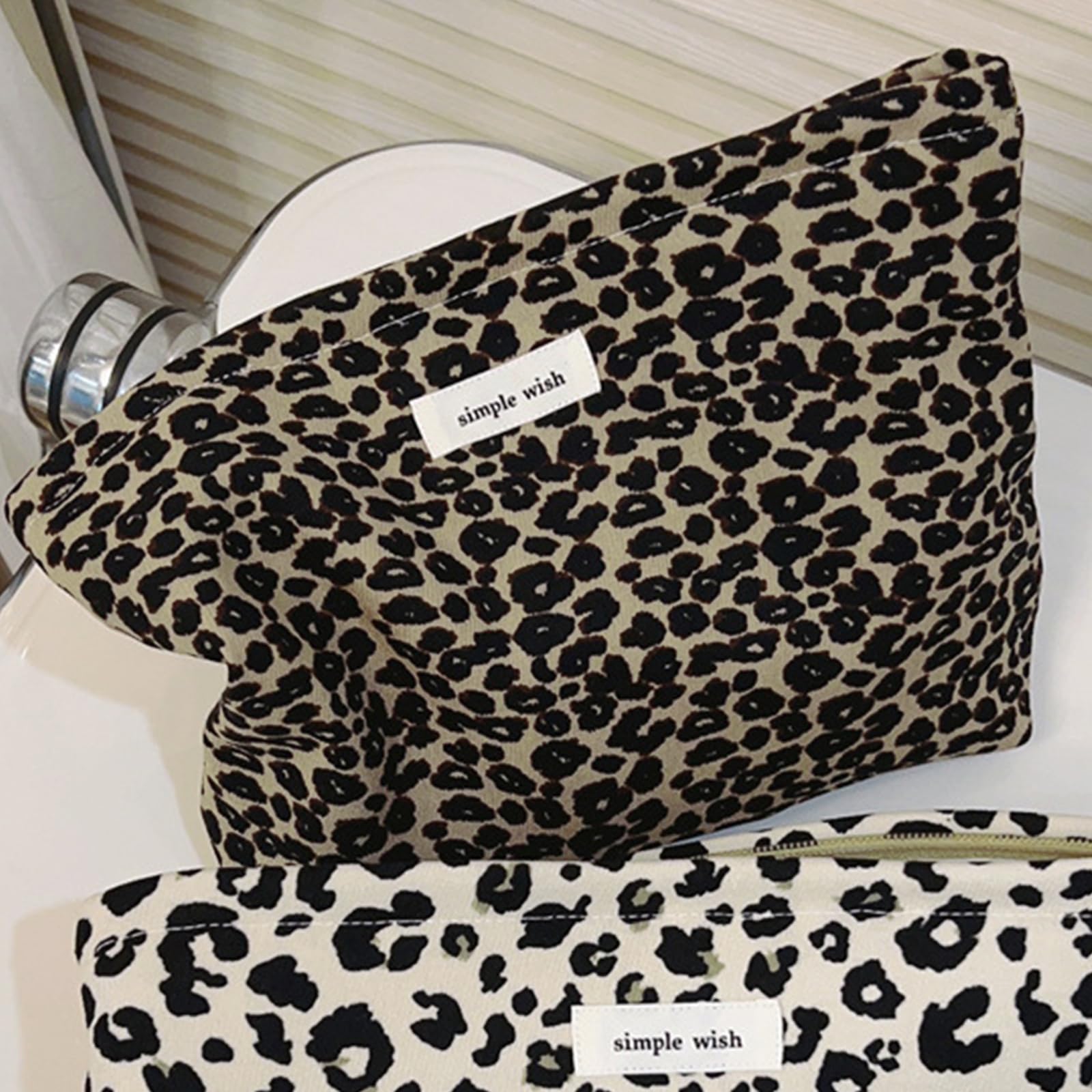 Wudygirl Leopard Print Makeup Bag for Women - Large Capacity Cosmetic & Toiletry Travel Pouch with Zipper - Aesthetic Canvas Makeup Organizer - Perfect for Travel, Gym, and Daily Beauty Essentials (Leopard Print)