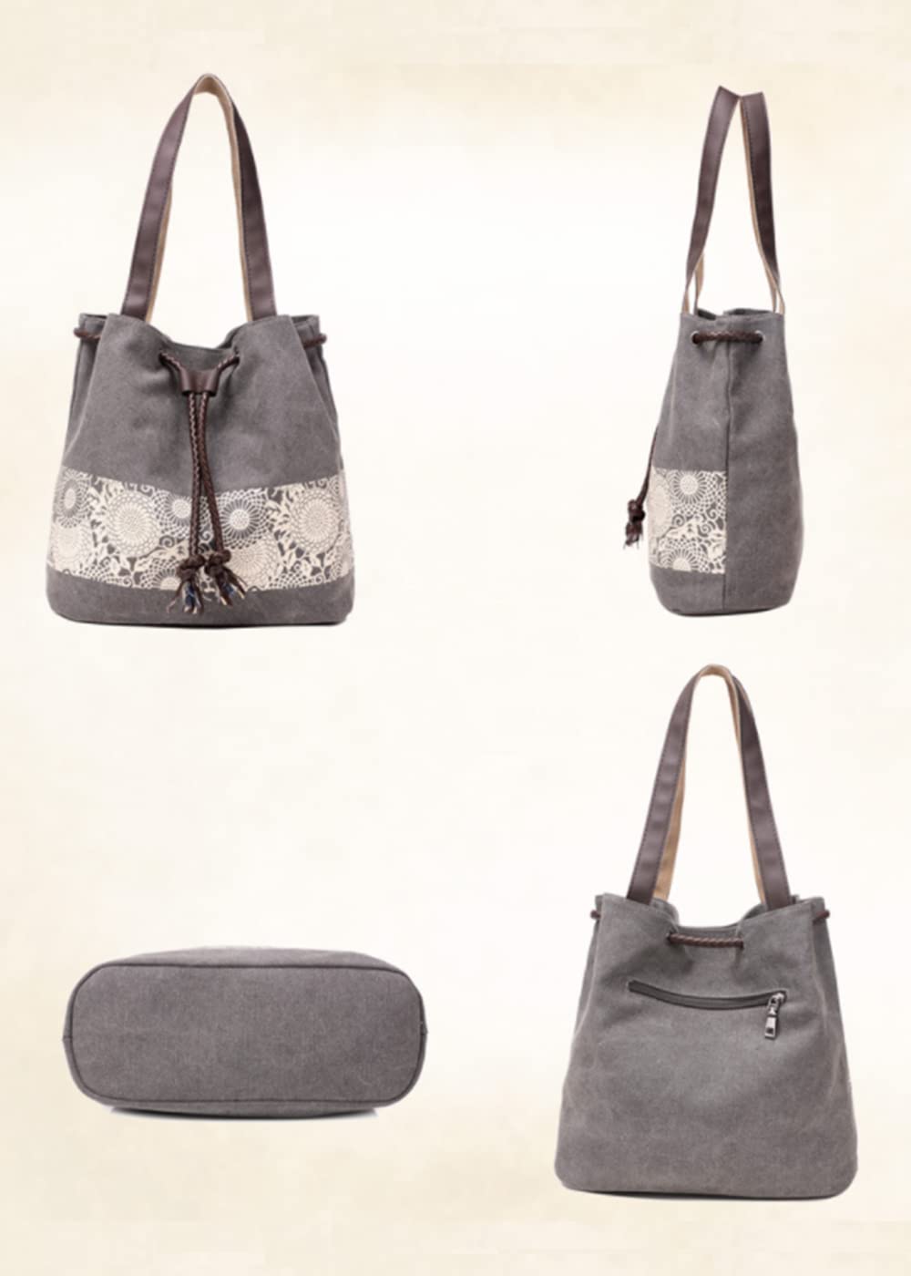 Vintage Print Women's Canvas Shoulder Bag - YAQUNICER Drawstring Handbag Purse for Casual Outings, Travel & Everyday Use