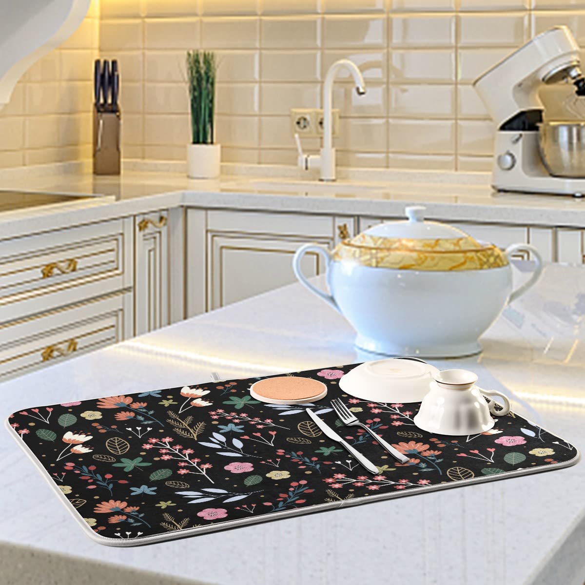 Absorbent Microfiber Dish Drying Mat - Black Floral 18x24in for Kitchen Countertop | Fast-Dry Reversible Pad
