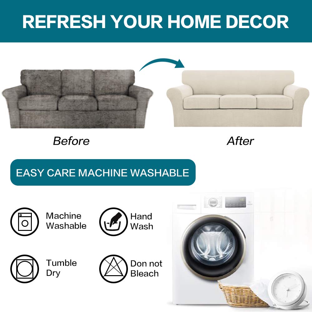 Turquoise 4-Piece Sofa Slipcover Set for 3-Cushion Couch - Washable Pet-Friendly Furniture Protector with 3 Individual Large Cushion Covers in Soft Feature Fabric (XL Size, Biscotti Beige) - Perfect for Living Room, Family Room & Pet Owners