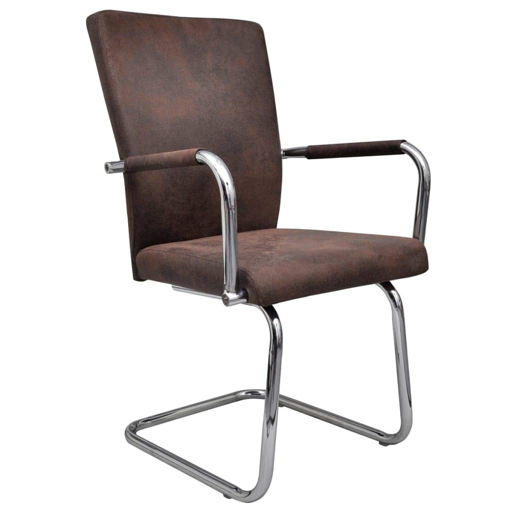 2 Pack Cantilever Dining Chairs with Armrests - Brown Faux Suede Leather Upholstered Modern Kitchen, Bedroom & Restaurant Seating - Perfect for Small Spaces, Breakfast Nooks & Contemporary Dining Areas