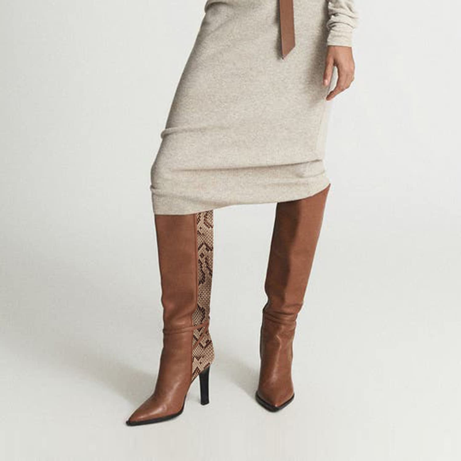 Stylish Women's Brown Two-Tone Snakeskin Over-The-Knee Boots with Ankle Strap - Pointed Toe High Heel Dress Boots for Office, Party & Night Out (US Size 4-16, Medium Width) - Perfect for Fall Fashion, Date Nights & Professional Workwear