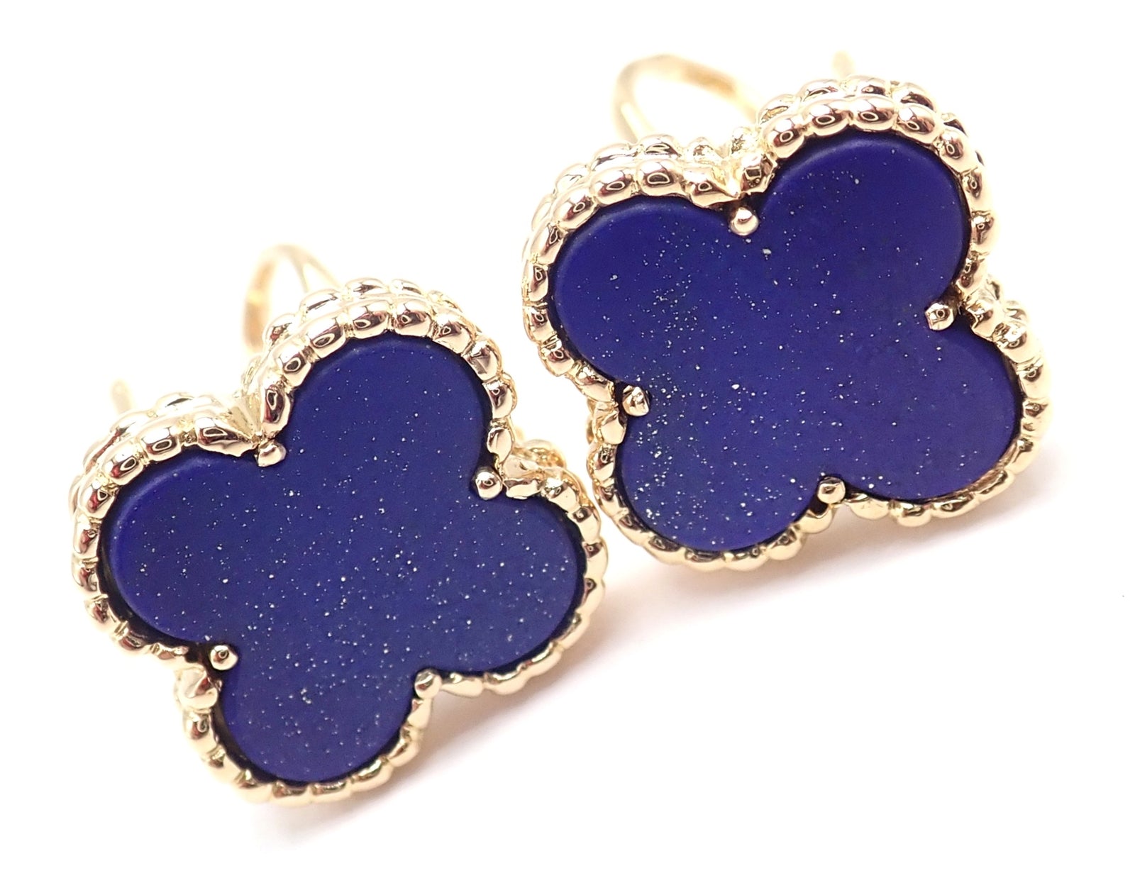 Van Cleef & Arpels 18k Yellow Gold Vintage Alhambra Blue Lapis Lazuli Earrings - Luxury Jewelry for Women, Perfect for Weddings, Parties & Special Occasions