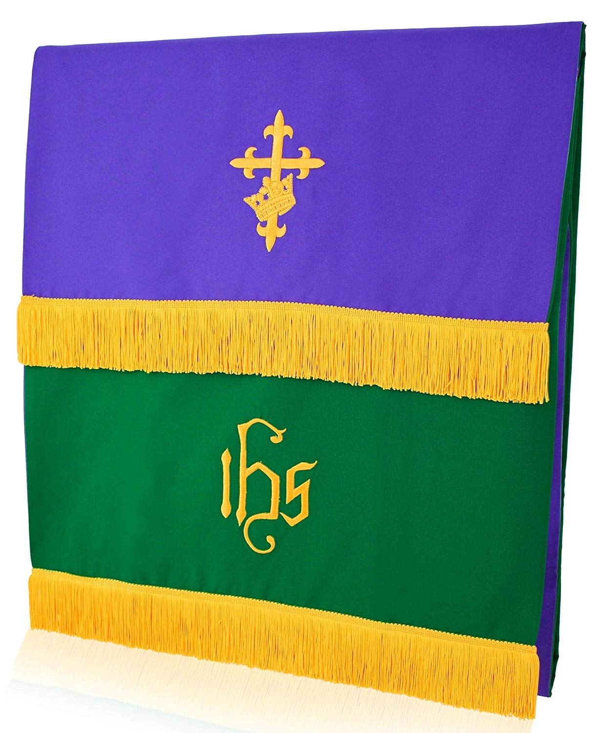 GraduatePro Reversible Parament Set of 3 - Light Green & Purple Embroidered Cross IHS for Church Altar Decor, Pulpit & Lectern Cover, Christian Worship Supplies