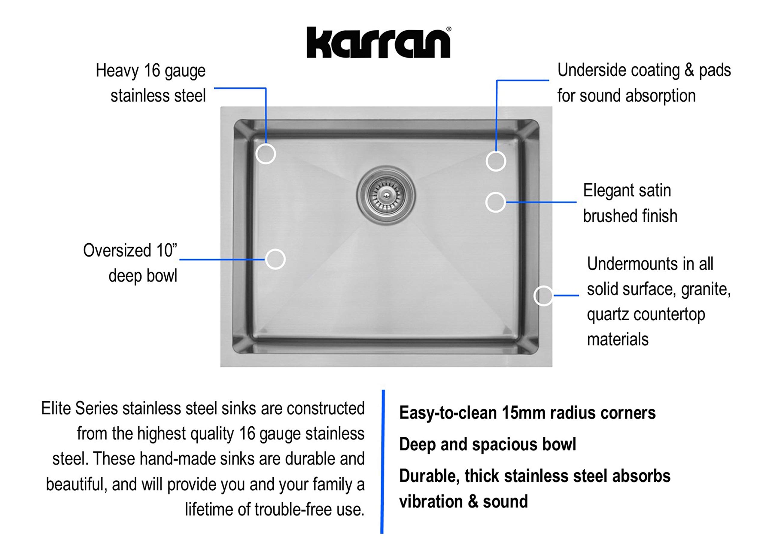Karran EL-73-PK1 23-Inch Undermount Single Bowl Stainless Steel Kitchen Sink Kit - Perfect for Modern Home Kitchens & Restaurant Prep Stations