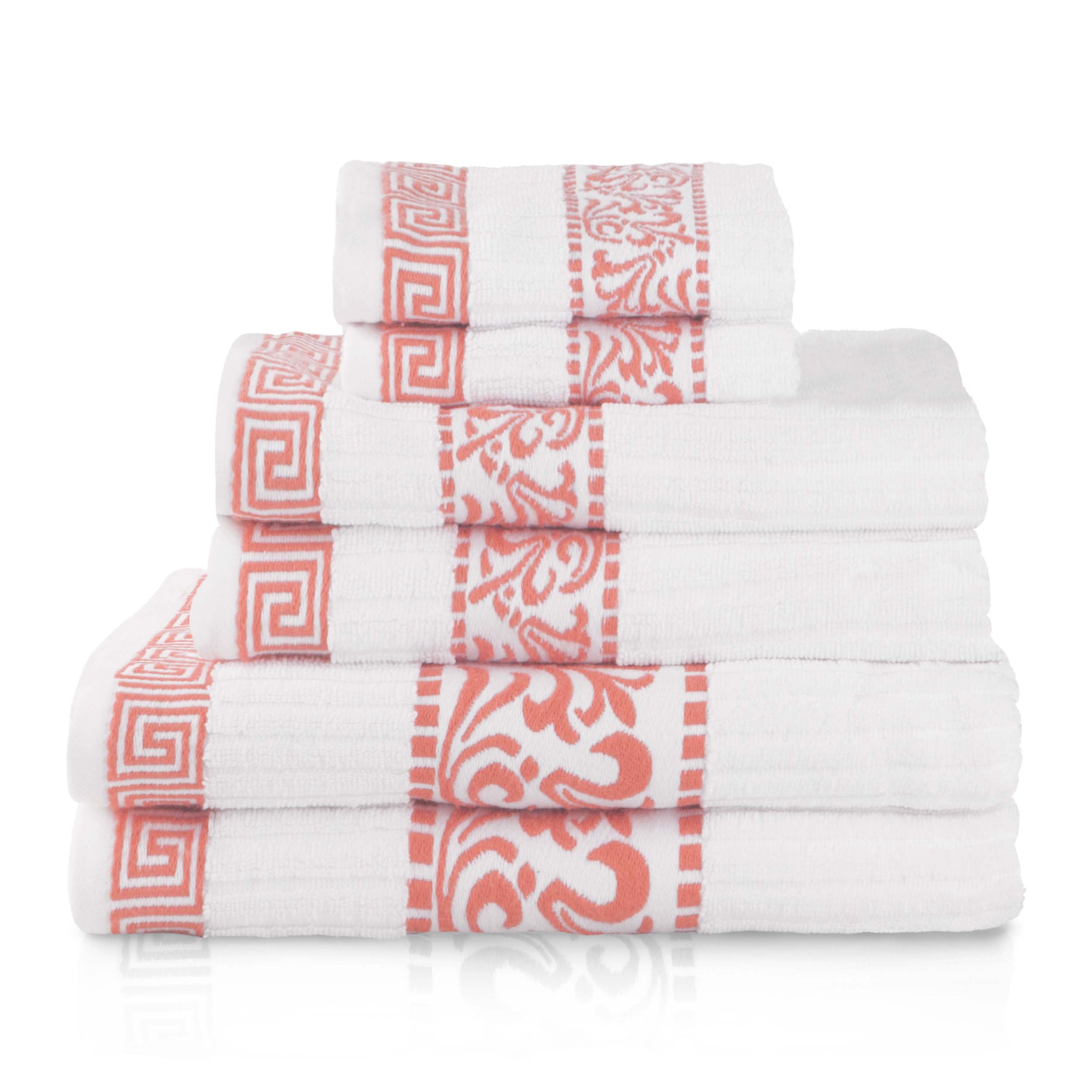 Athens Cotton Greek Scroll and Floral 6-Piece Bath Towel Set - Soft & Absorbent for Bathroom, Spa, and Beach Use