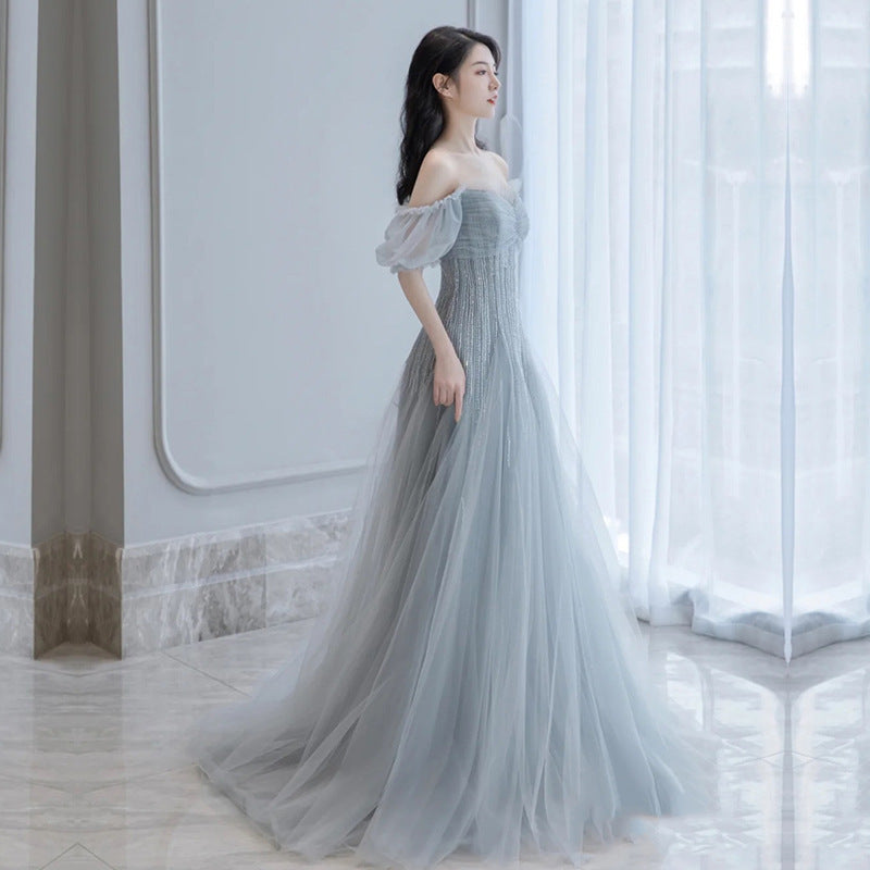 Elegant Off Shoulder Silver Gray Tulle Prom Dress - A-Line Evening Gown for Formal Events | Perfect for Homecoming, Quinceañera & Wedding Guest Dresses