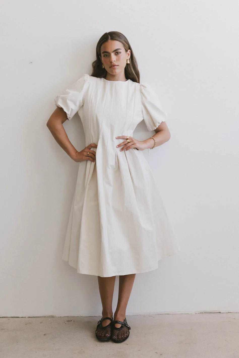 Eliana Pleated Midi Dress in Cream | Women's Elegant Party & Wedding Guest Dress | Perfect for Formal Events, Cocktail Parties & Special Occasions
