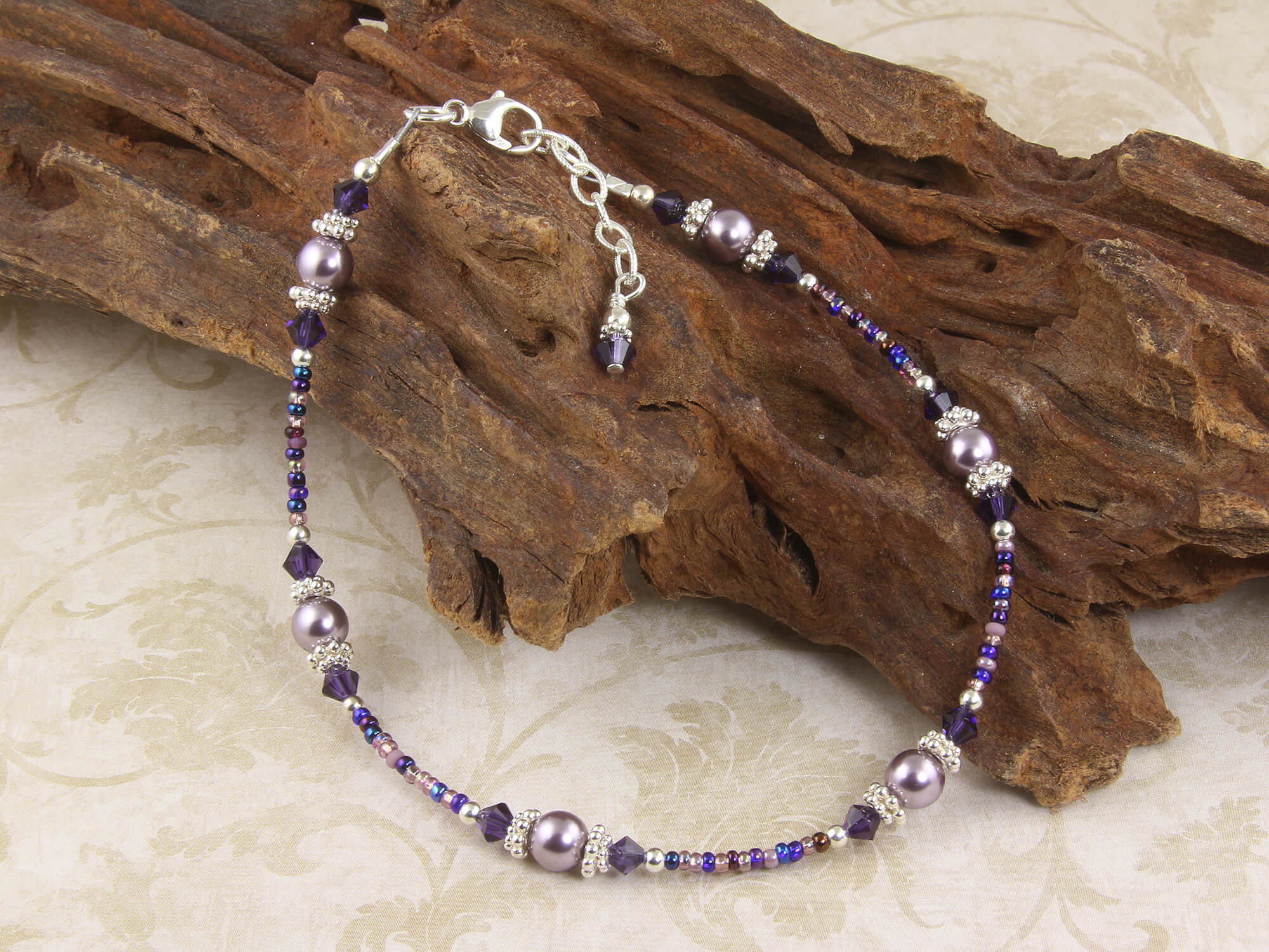 Violet Mauve Crystal Beaded Anklet - Elegant Adjustable Ankle Bracelet for Women | Perfect for Beach, Wedding & Boho Fashion Accessories