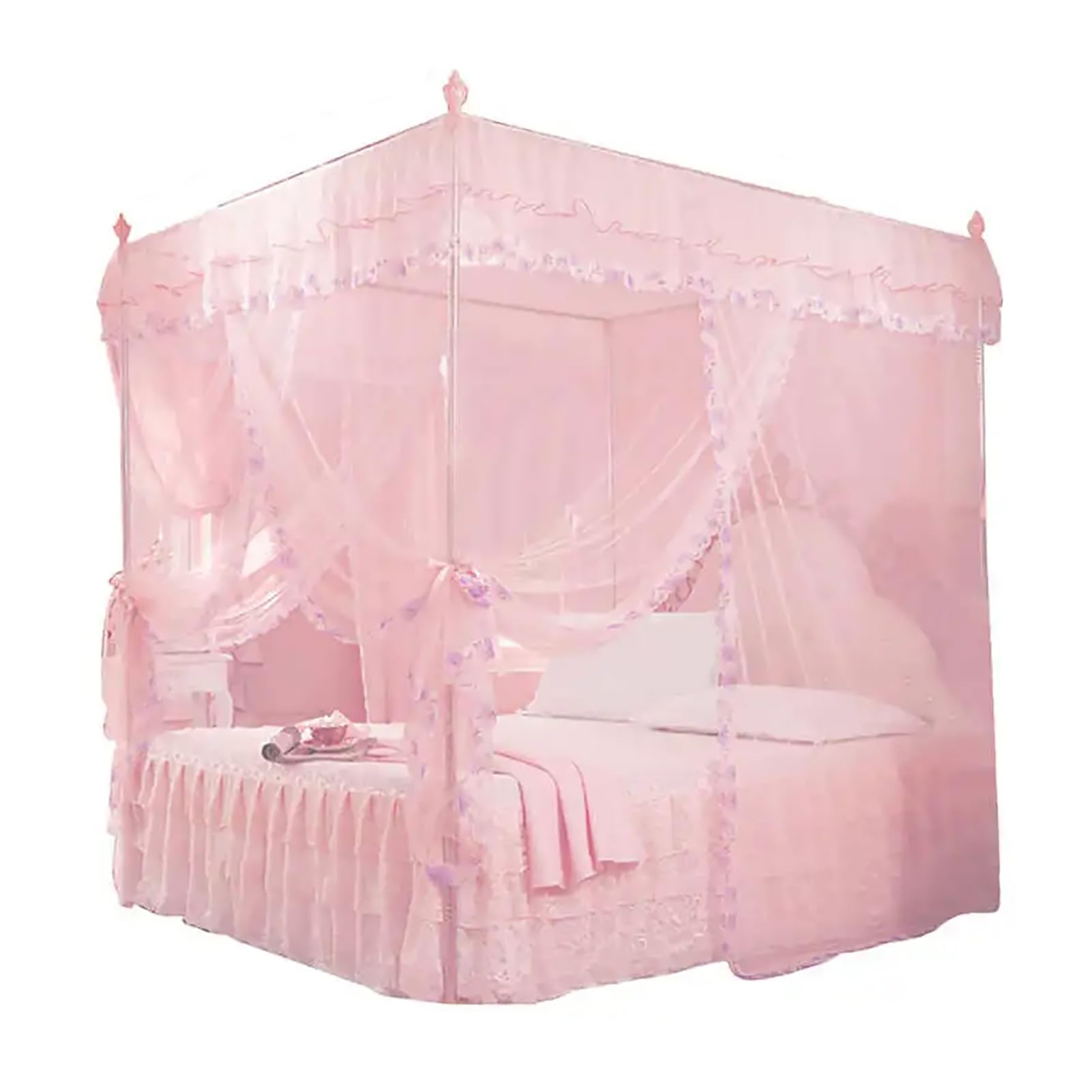 Luxury Mosquito Canopy Net for Bed - 4 Corner Post Bed Canopy with 3 Side Openings, Pink 1.8M x 2.2M - Perfect for Bedroom, Nursery & Outdoor Camping Protection