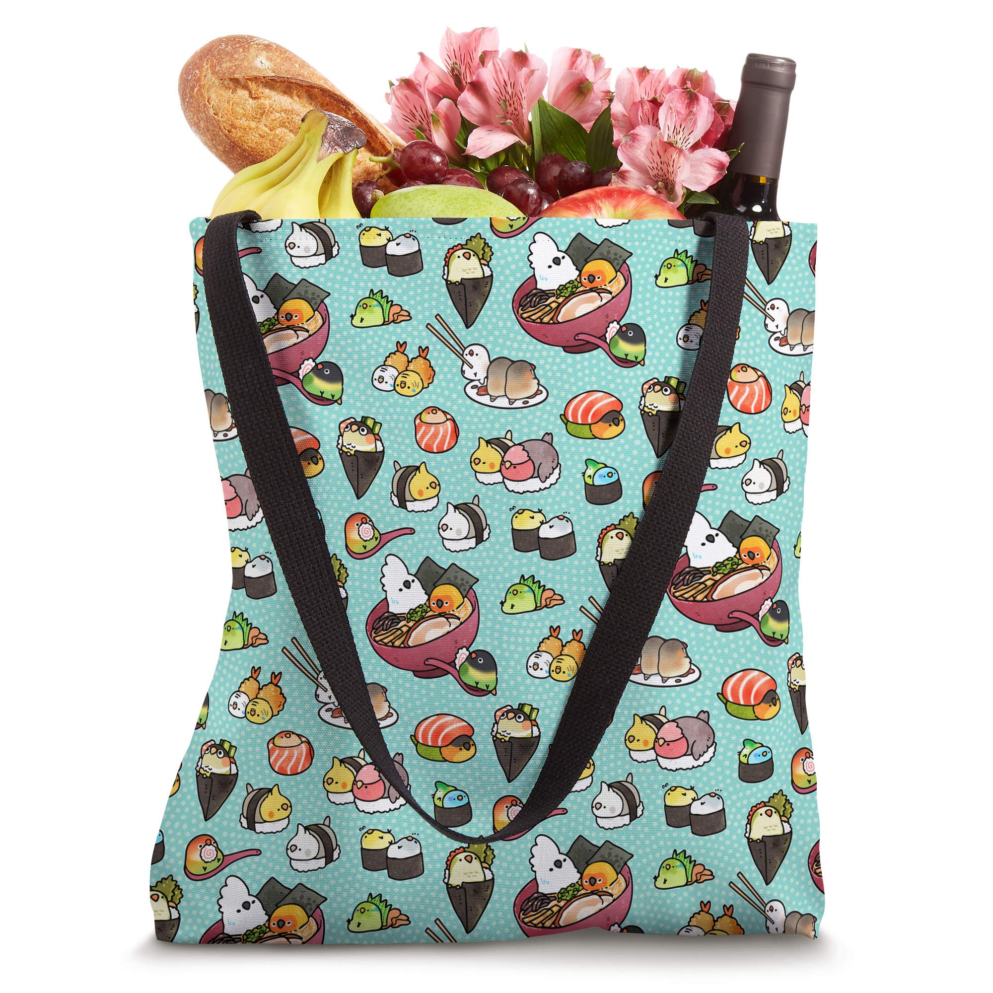 Sushi Birds Tote Bag - Cute Japanese Sushi Print Reusable Shopping Bag - Perfect for Grocery, Beach, Work & Travel