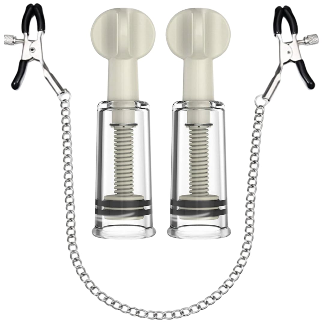 Adjustable Nipple Clips and Suckers Set - Stainless Steel Non-Piercing Body Jewelry with Chain for Women (Black) - Perfect for Sensual Play, BDSM Accessories and Intimate Wear
