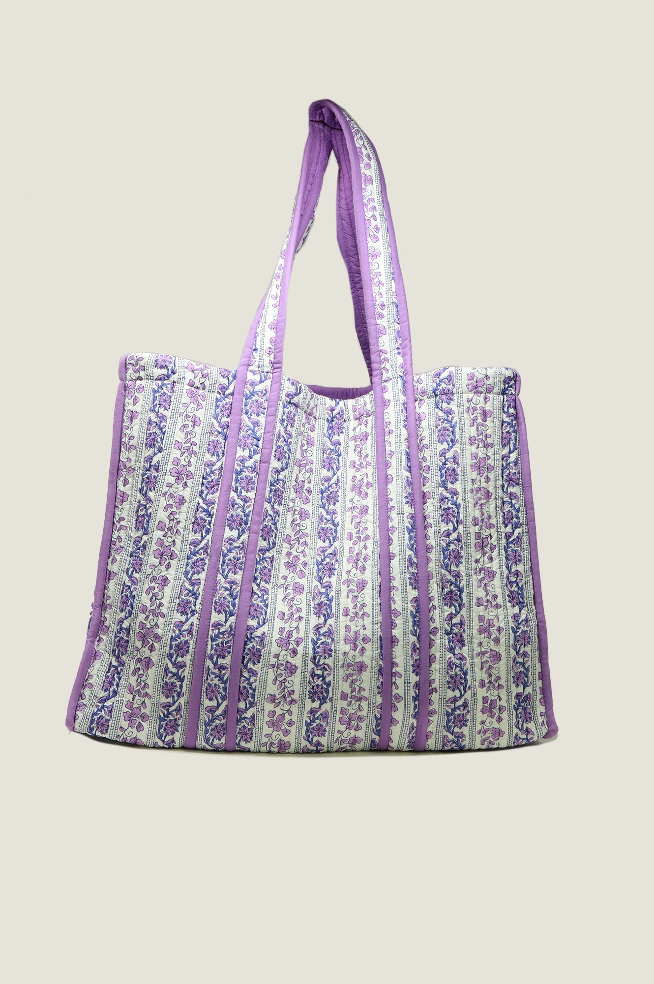 Quilted Block Print Tote Bag for Women - Linear Botanical Blue Purple Cotton Shoulder Bag - Perfect for Shopping, Beach, Work & Travel